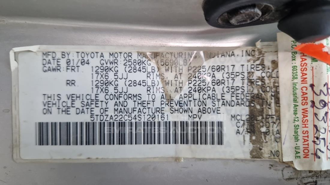 2004 Toyota Sienna — VIN on Frame — Photo 3
