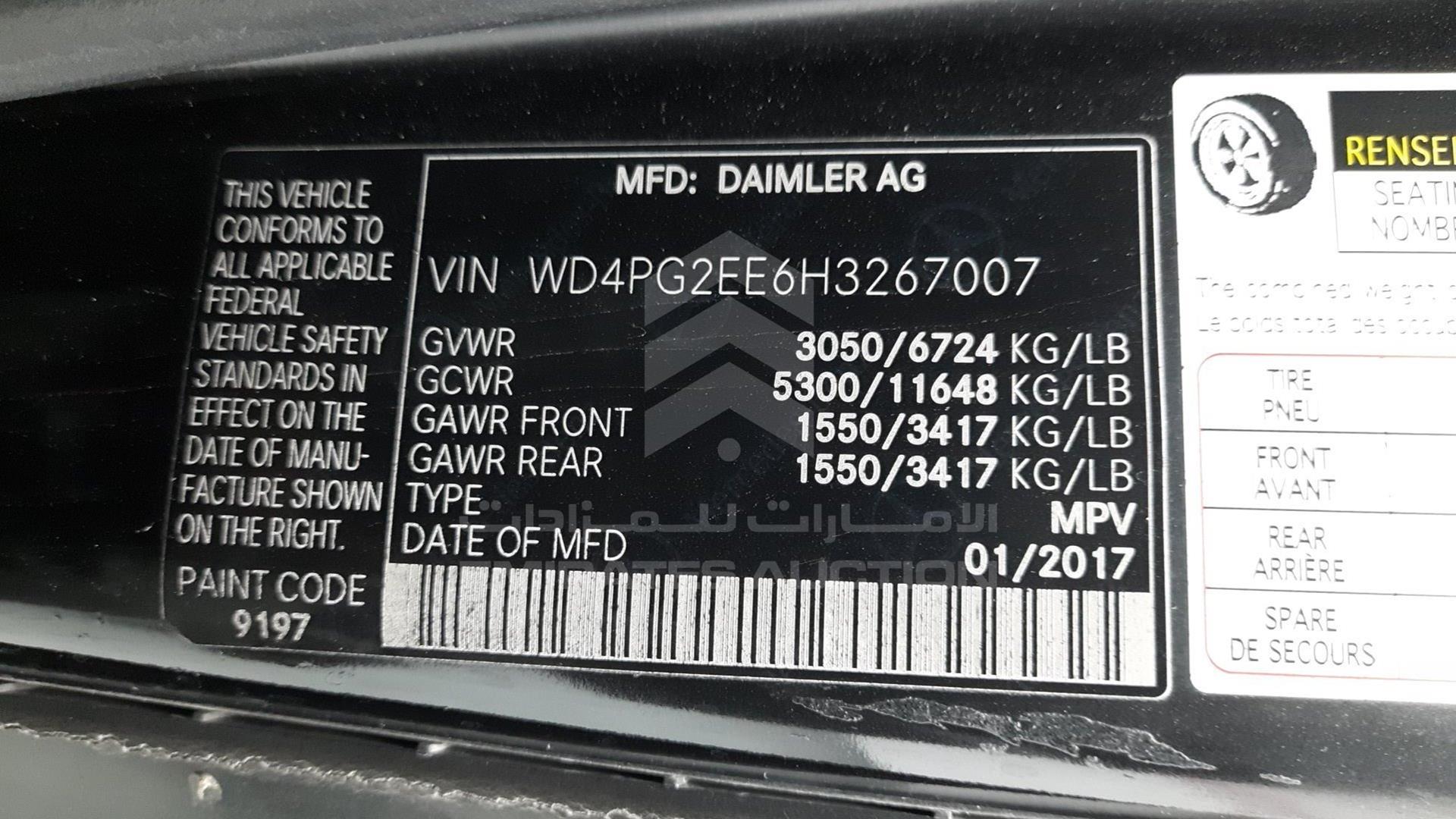 2017 MERCEDES METRIS VIN: WD4PG2EE6H3267007
