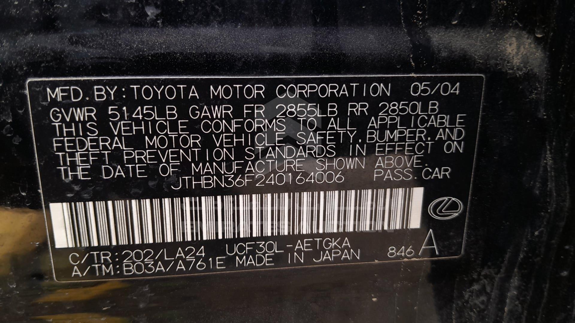 2004 LEXUS LS 430 VIN: JTHBN36F240164006