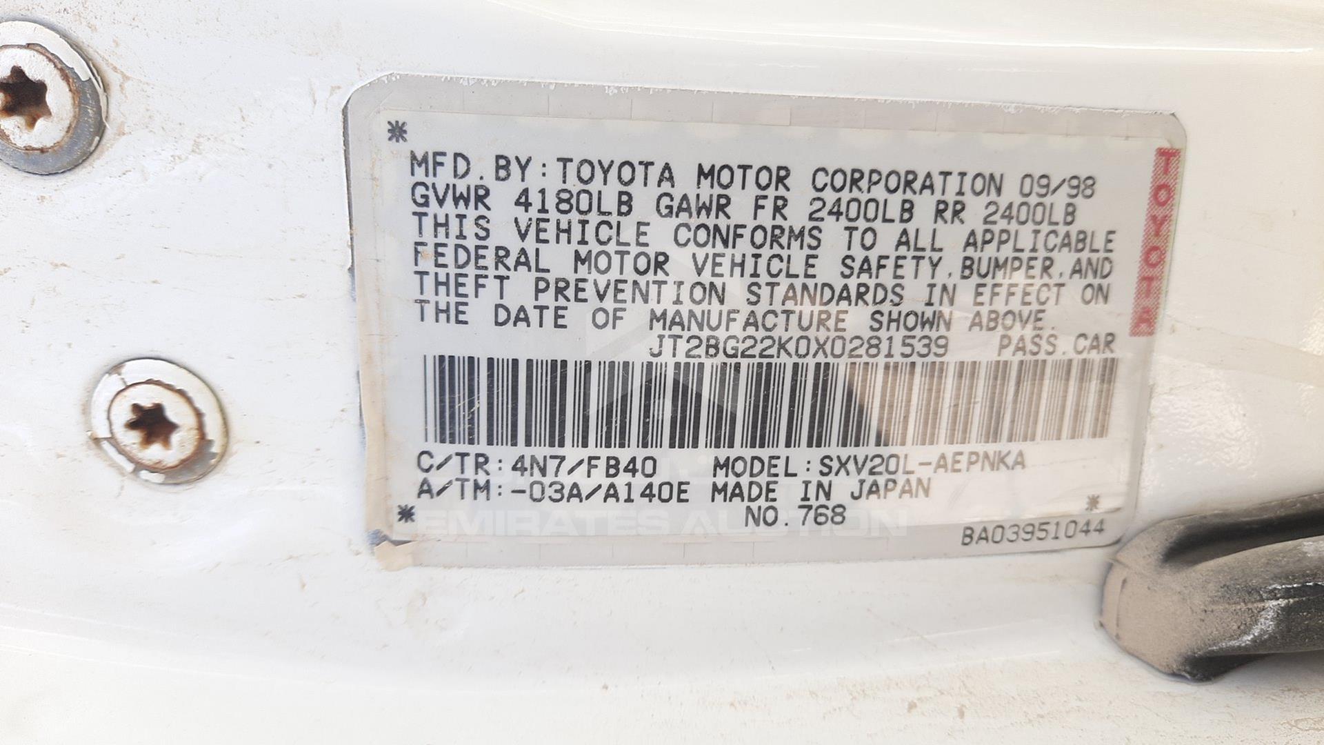 1999 TOYOTA CAMRY VIN: JT2BG22K0X0281539