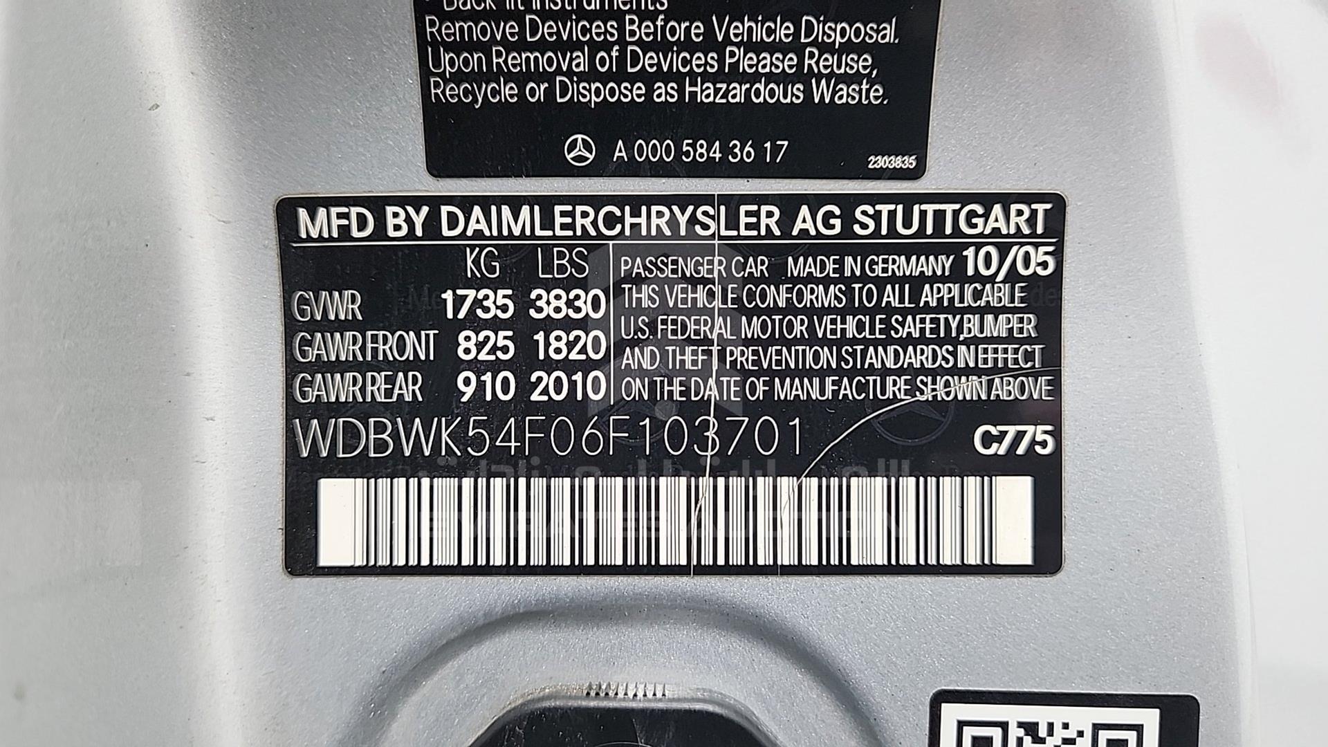 2006 MERCEDES SLK280 VIN: WDBWK54F06F103701
