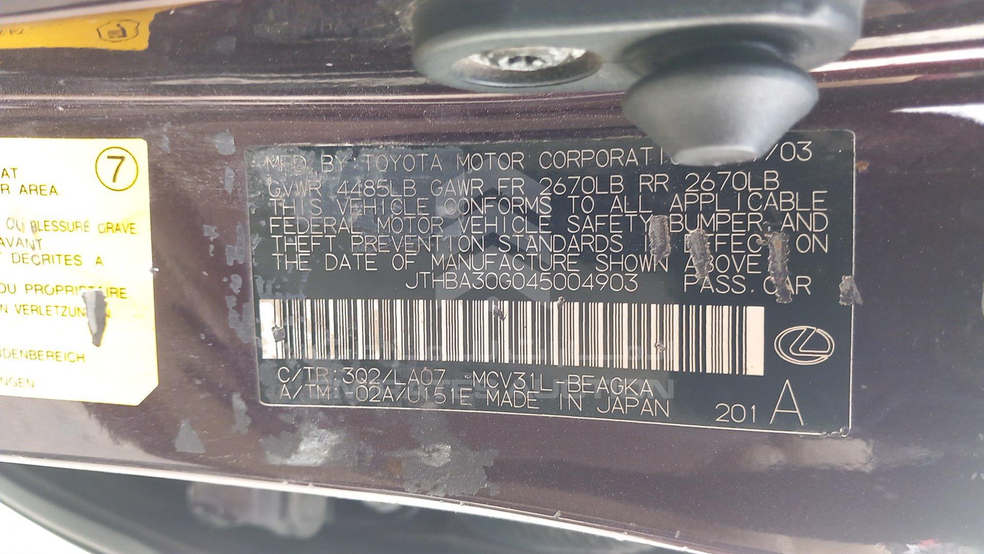 2004 LEXUS ES 330 VIN: JTHBA30G045004903