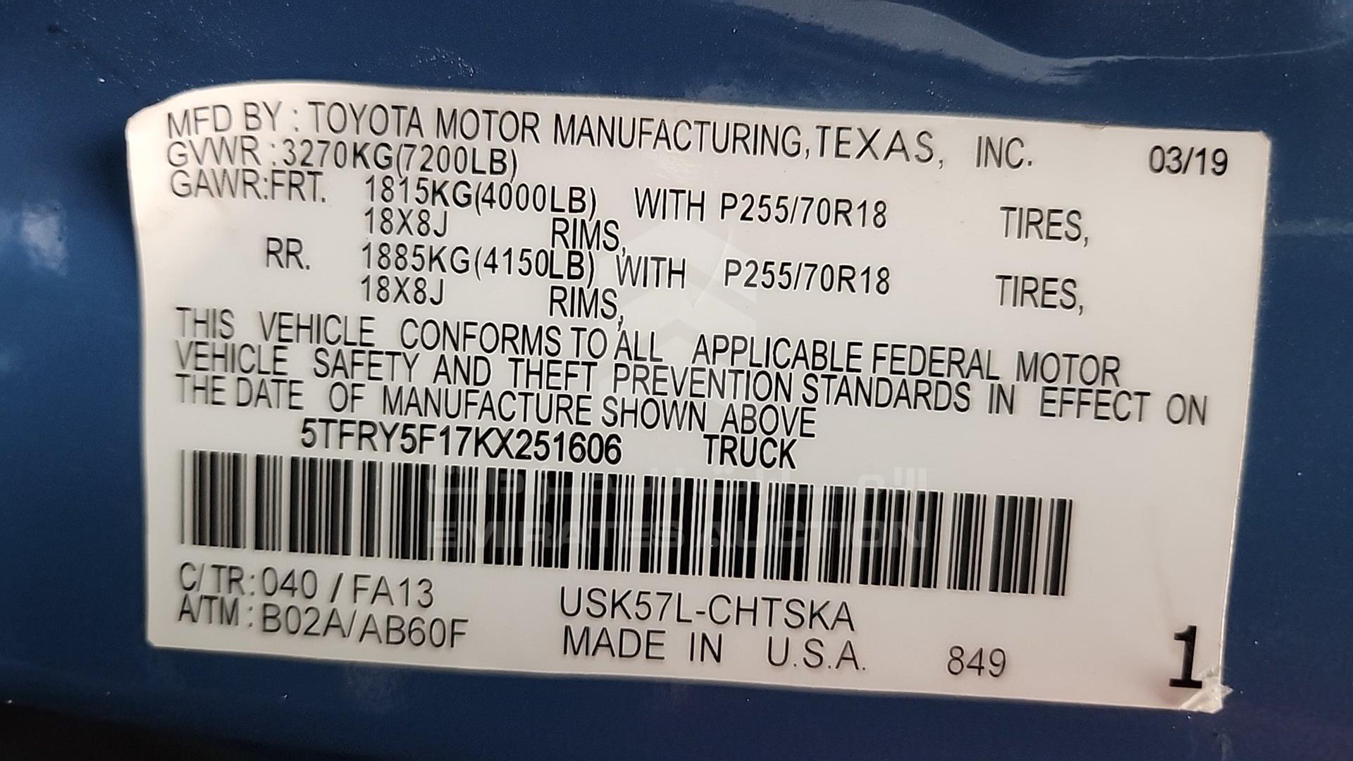 2019 TOYOTA TUNDRA VIN: 5TFRY5F17KX251606