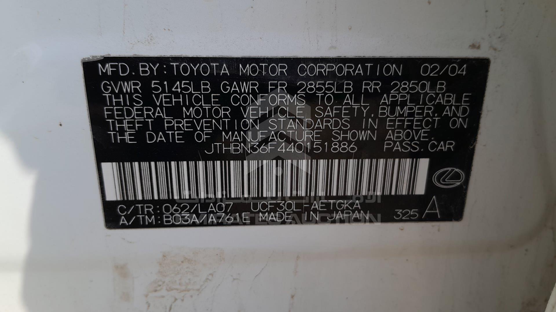 2004 LEXUS LS 430 VIN: JTHBN36F440151886