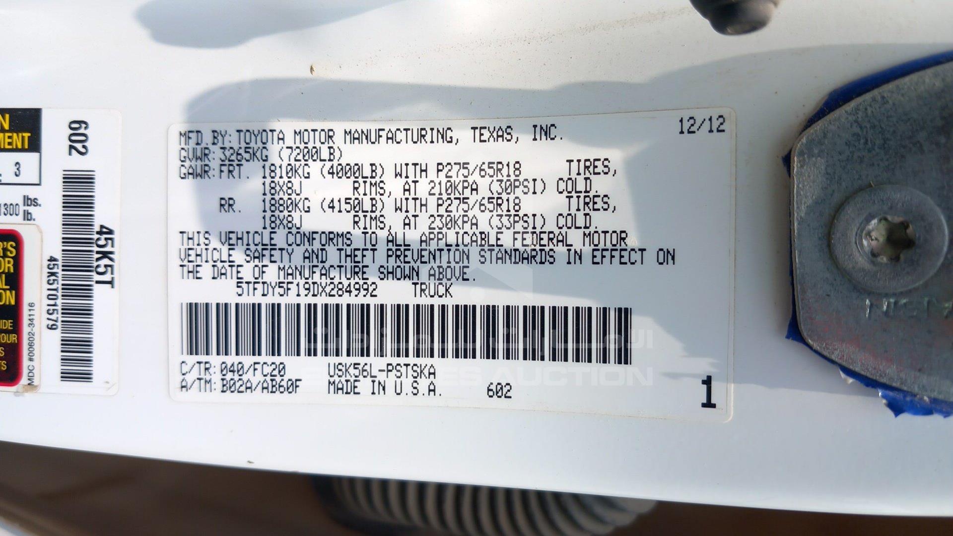 2013 TOYOTA TUNDRA VIN: 5TFDY5F19DX284992