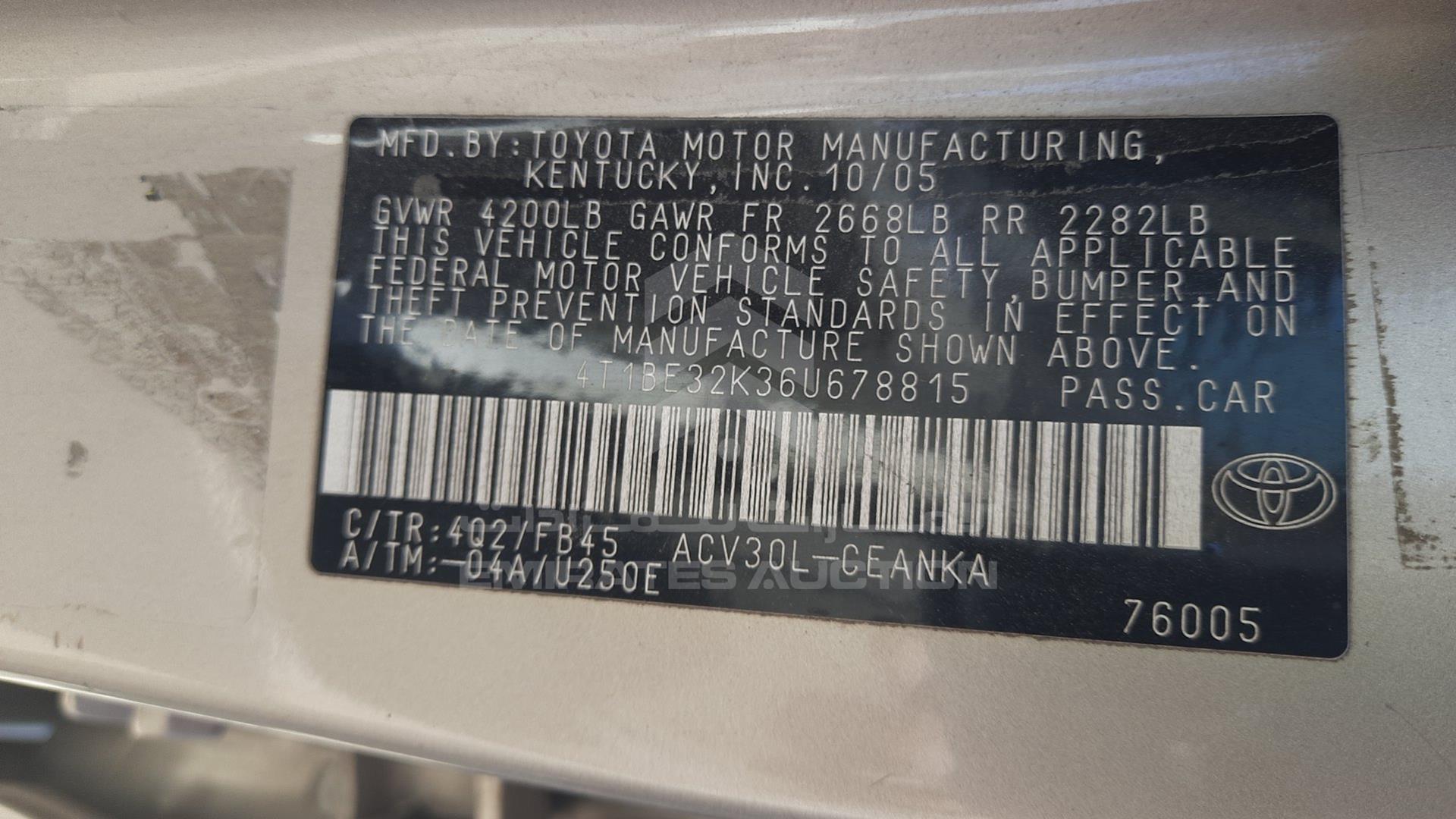 2006 TOYOTA CAMRY VIN: 4T1BE32K36U678815