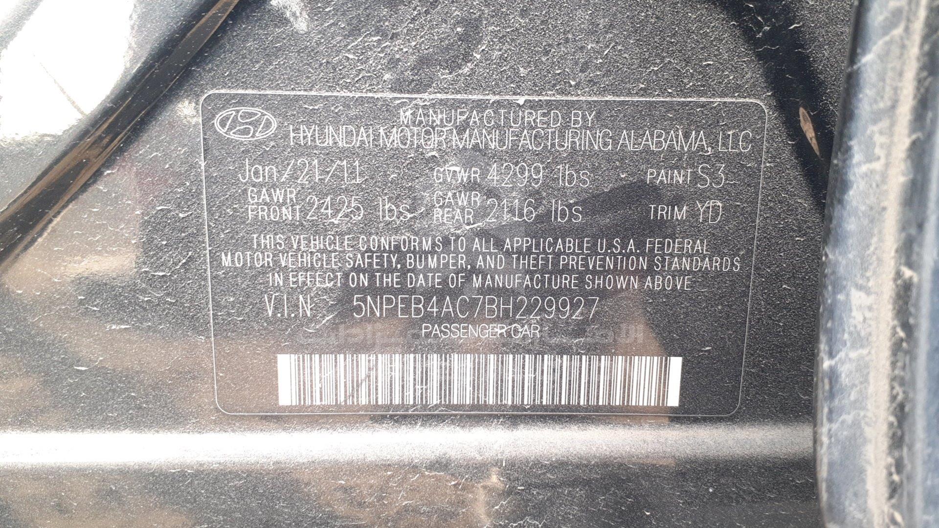 2011 HYUNDAI SONATA VIN: 5NPEB4AC7BH229927