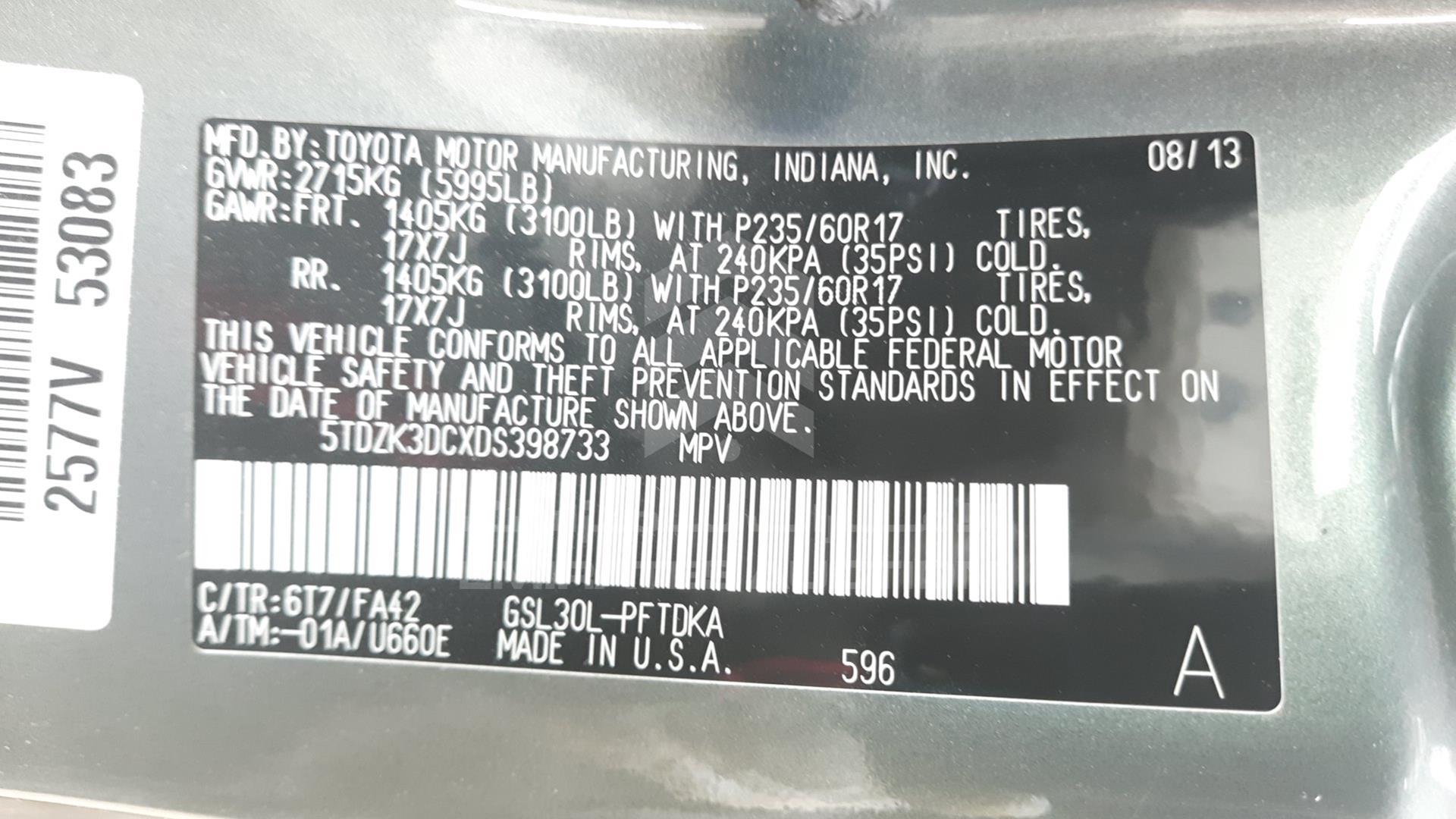 2013 TOYOTA SIENNA VIN: 5TDZK3DCXDS398733