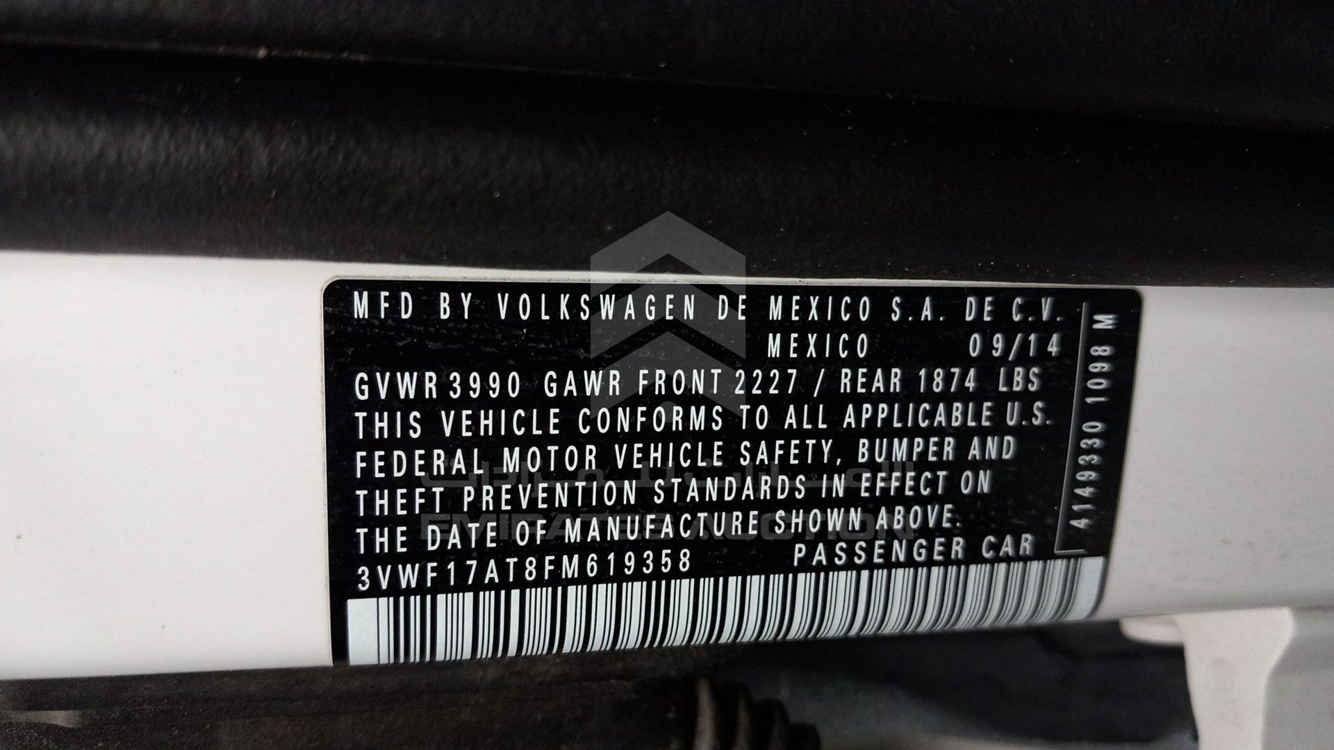 2015 VOLKSWAGEN BEETLE VIN: 3VWF17AT8FM619358