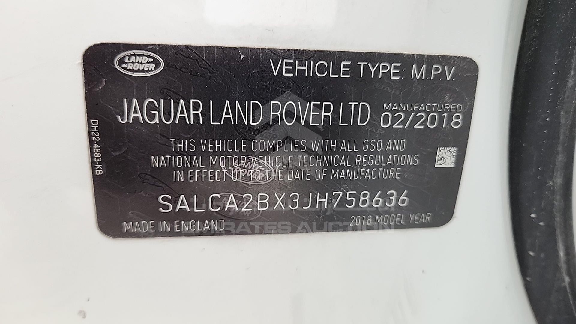2018 LAND ROVER DISCOVERY VIN: SALCA2BX3JH758636