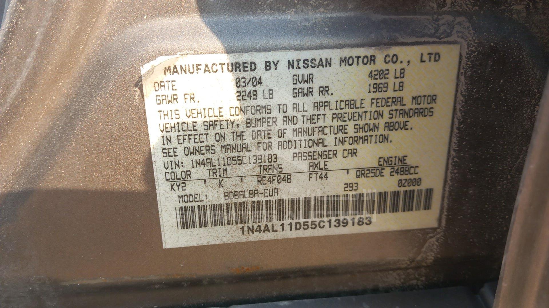 2005 NISSAN ALTIMA VIN: 1N4AL11D55C139183