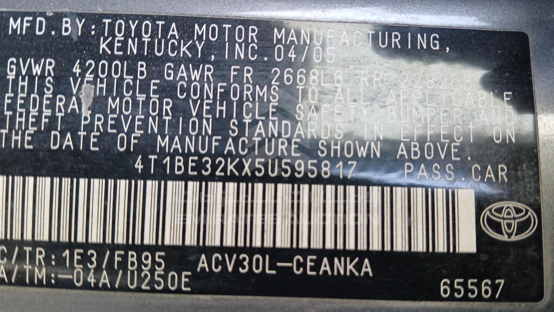 2005 TOYOTA CAMRY VIN: 4T1BE32KX5U595817
