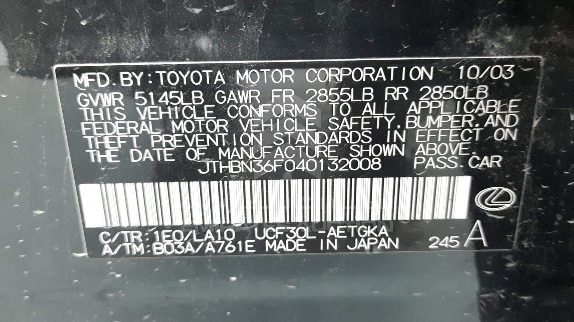 2004 LEXUS LS 430 VIN: JTHBN36F040132008