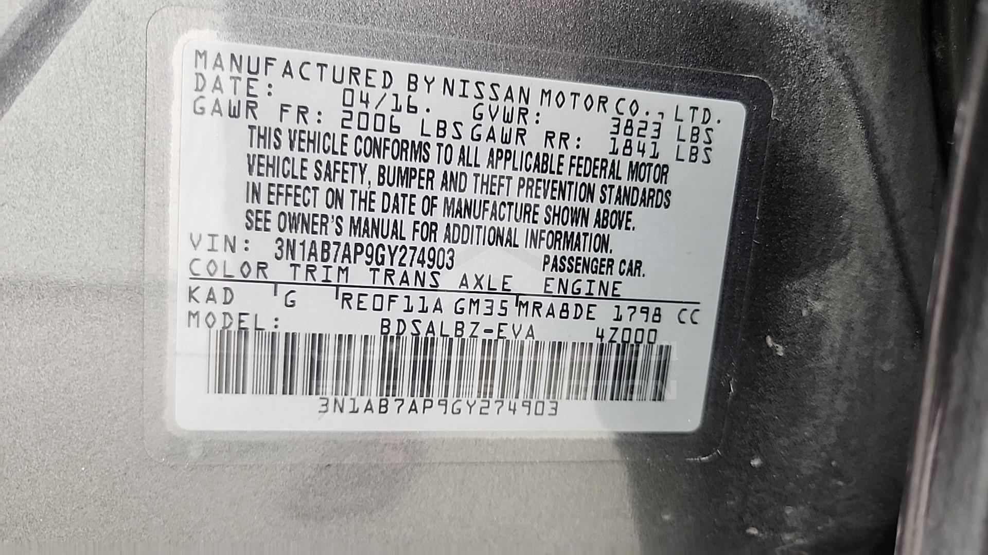 2016 NISSAN SENTRA VIN: 3N1AB7AP9GY274903