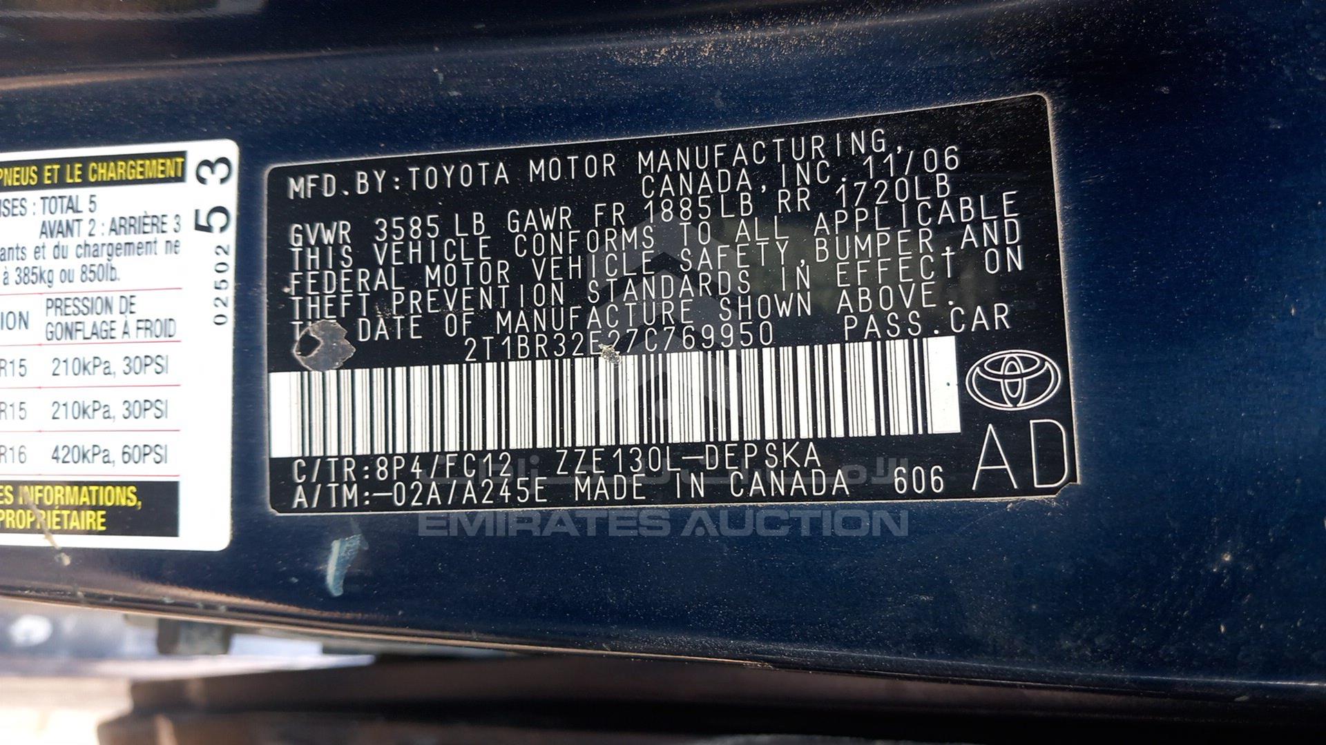 2007 TOYOTA COROLLA VIN: 2T1BR32F27C769950