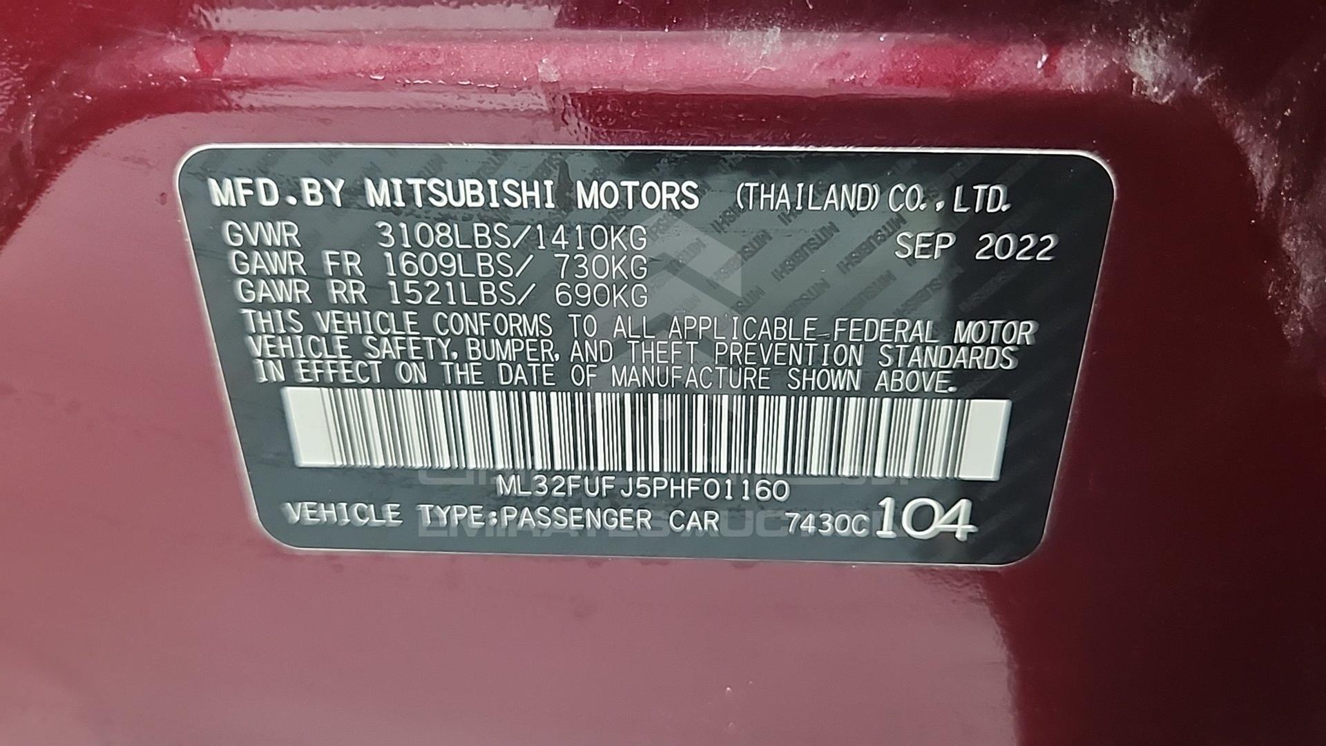 2023 MITSUBISHI MIRAGE VIN: ML32FUFJ5PHF01160