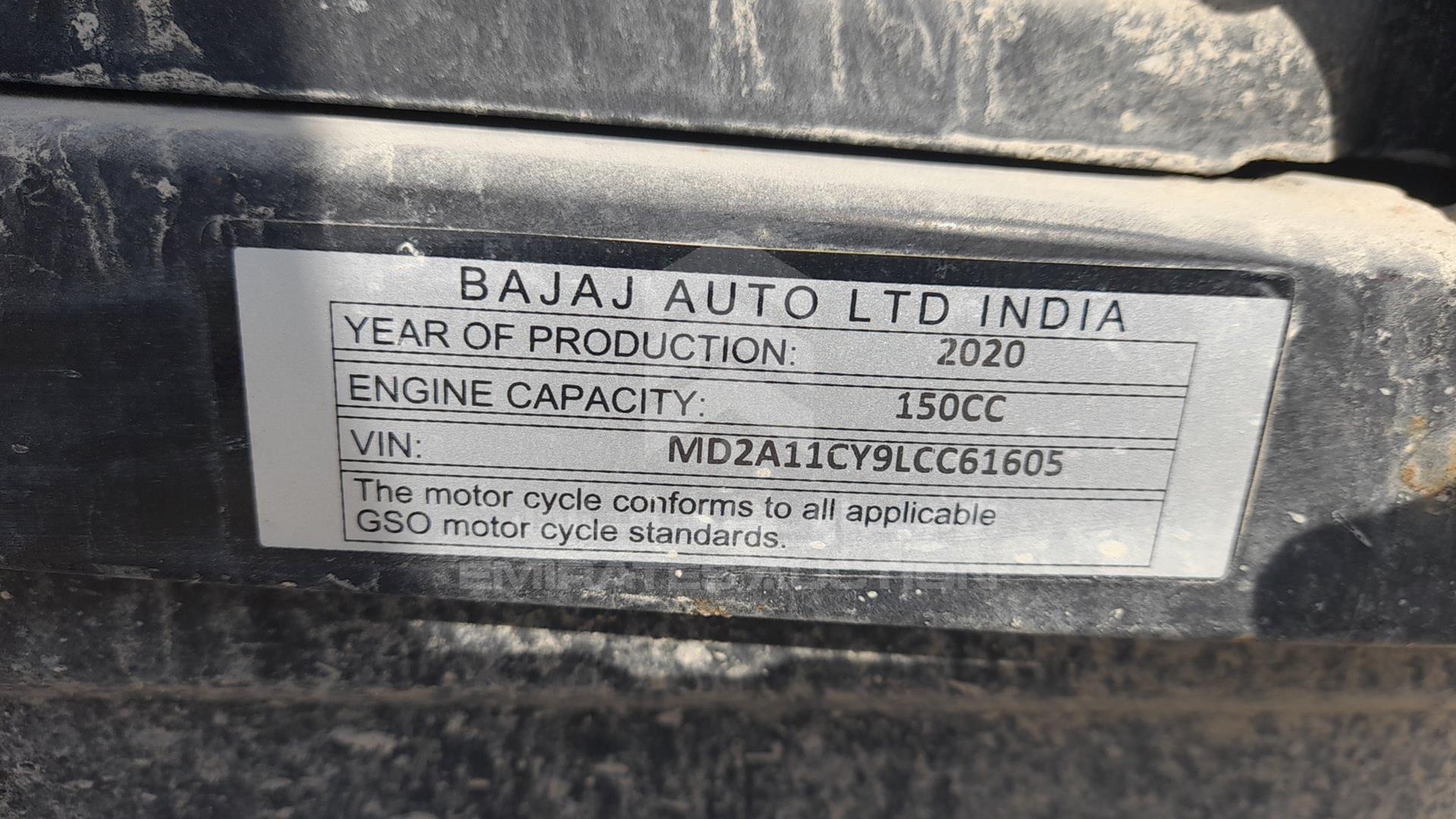 2020 BAJAJ 150 CC VIN: MD2A11CY9LCC61605