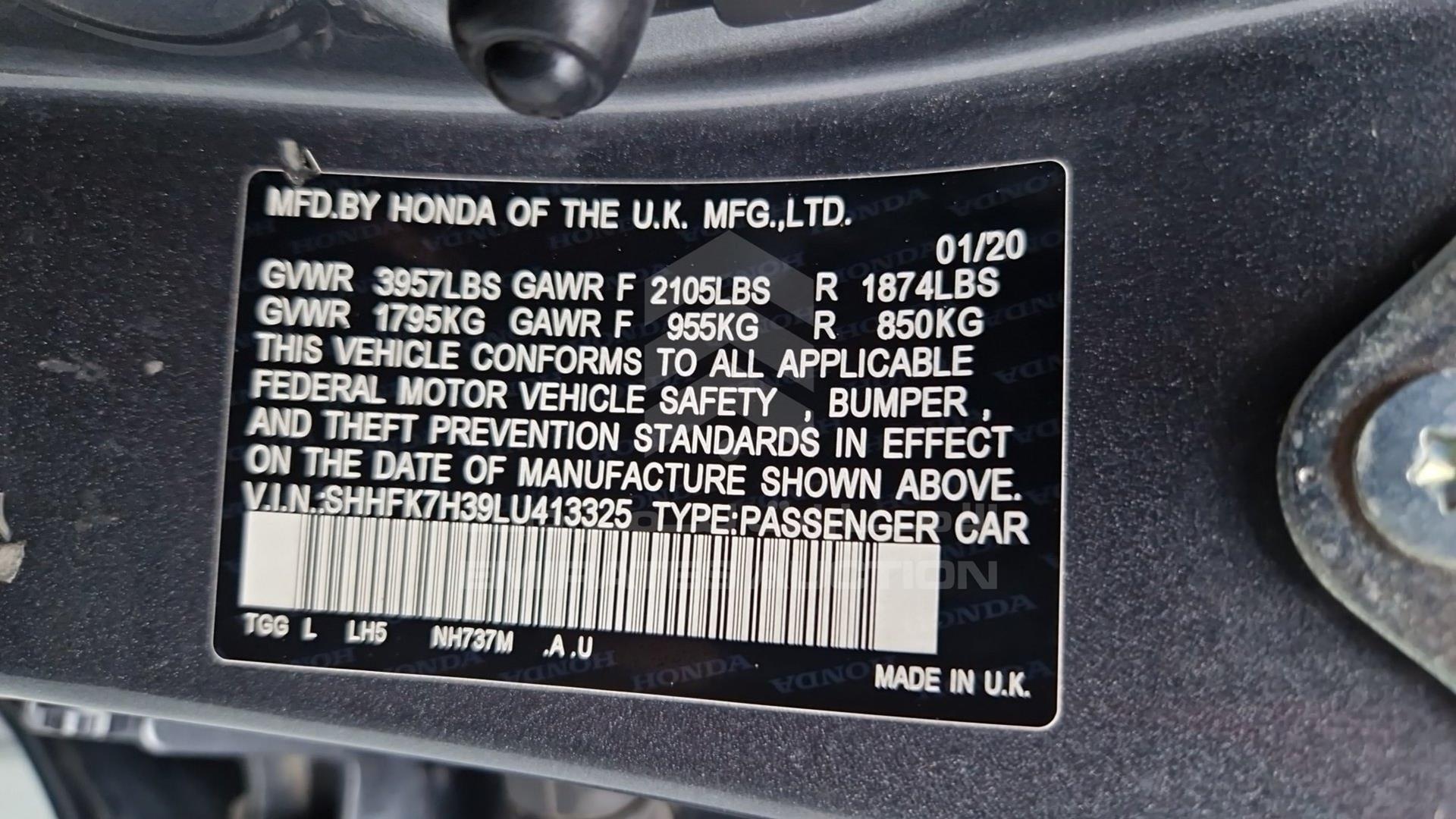 2020 HONDA CIVIC VIN: SHHFK7H39LU413325