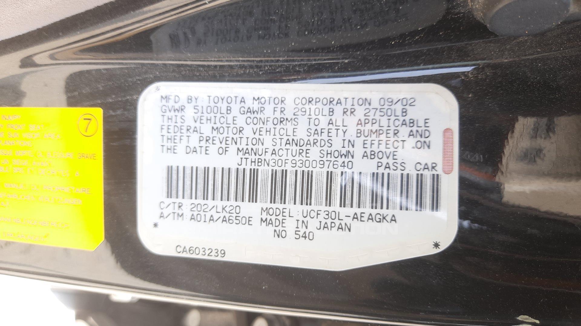 2003 LEXUS LS 430 VIN: JTHBN30F930097640