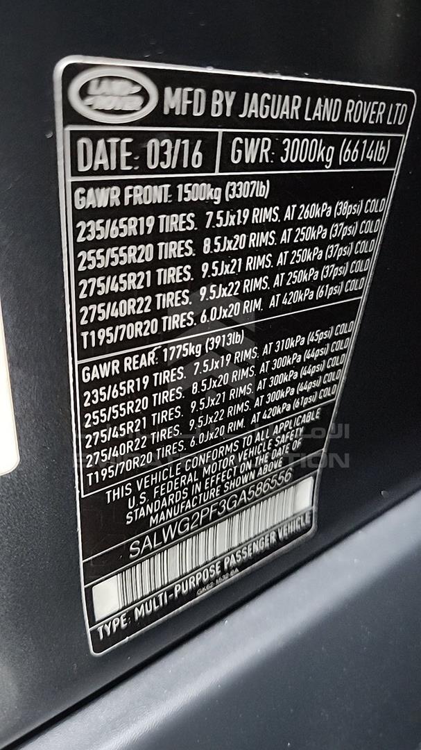 2016 RANGE ROVER SPORT VIN: SALWG2PF3GA586556