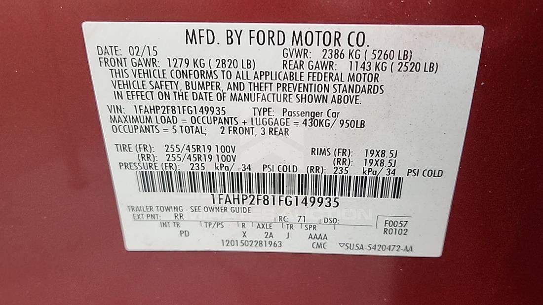 2015 Ford Taurus — VIN on Frame — Photo 3