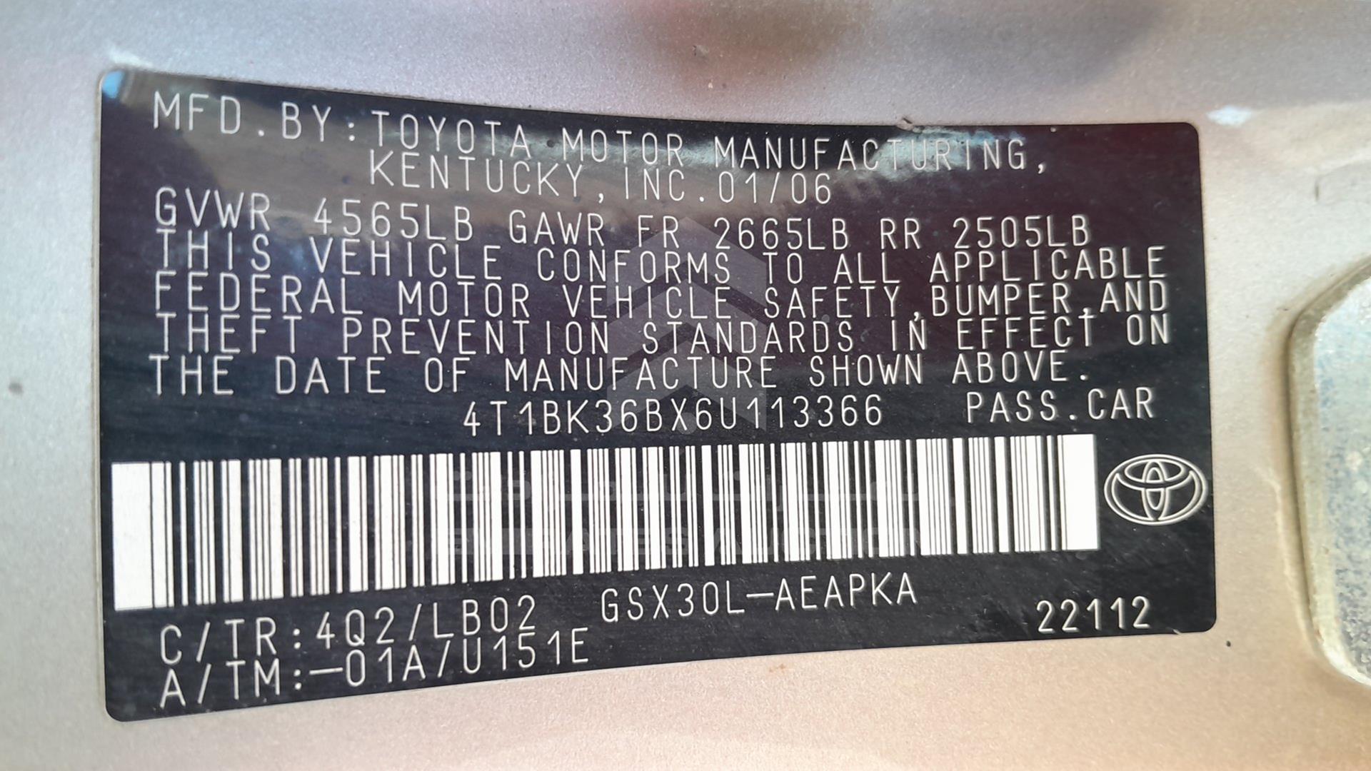 2006 TOYOTA AVALON VIN: 4T1BK36BX6U113366