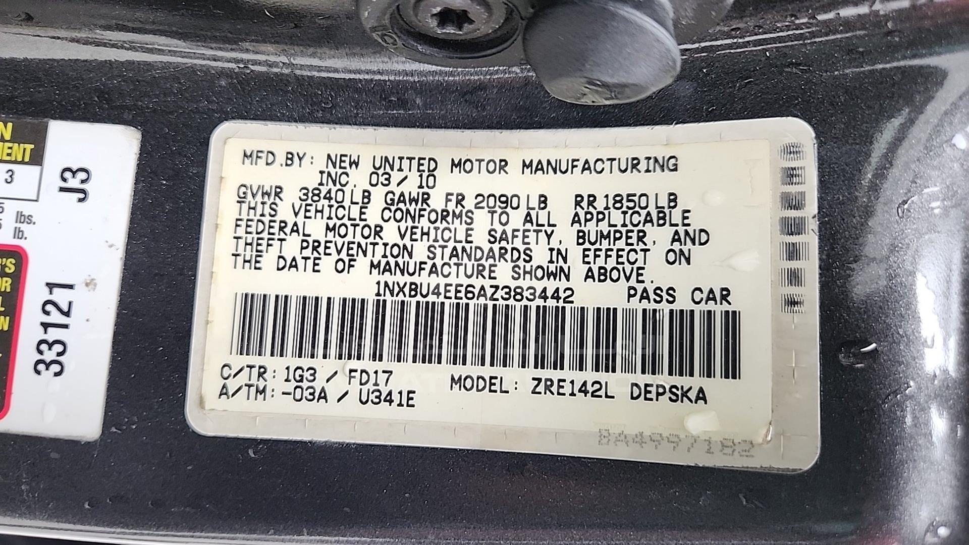 2010 TOYOTA COROLLA VIN: 1NXBU4EE6AZ383442