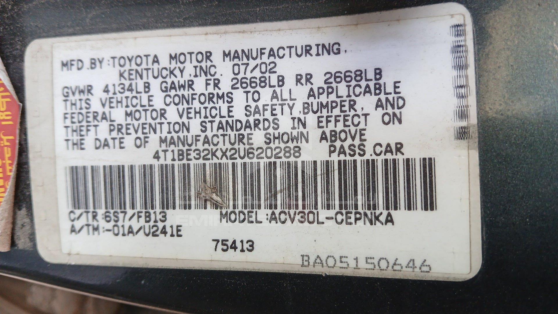 2002 TOYOTA CAMRY VIN: 4T1BE32KX2U620288