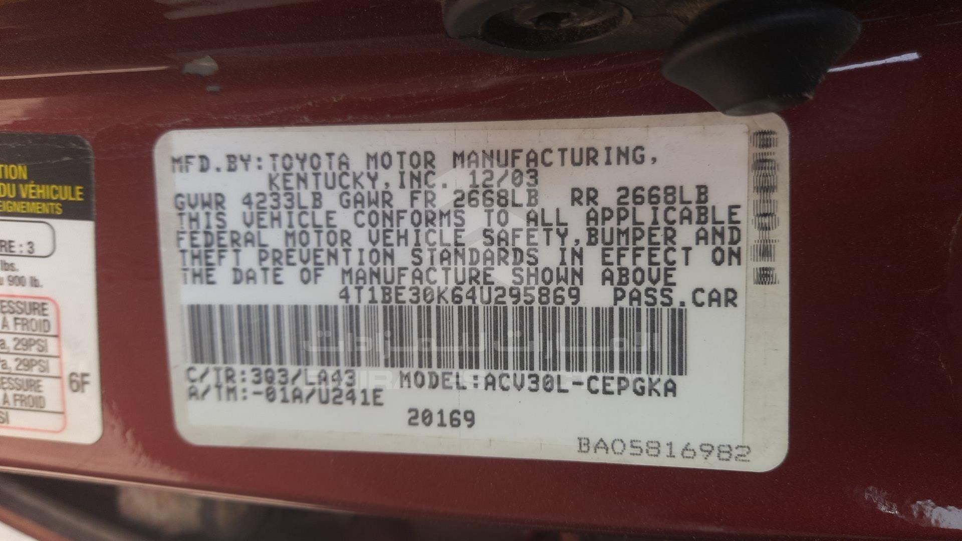 2004 TOYOTA CAMRY VIN: 4T1BE30K64U295869