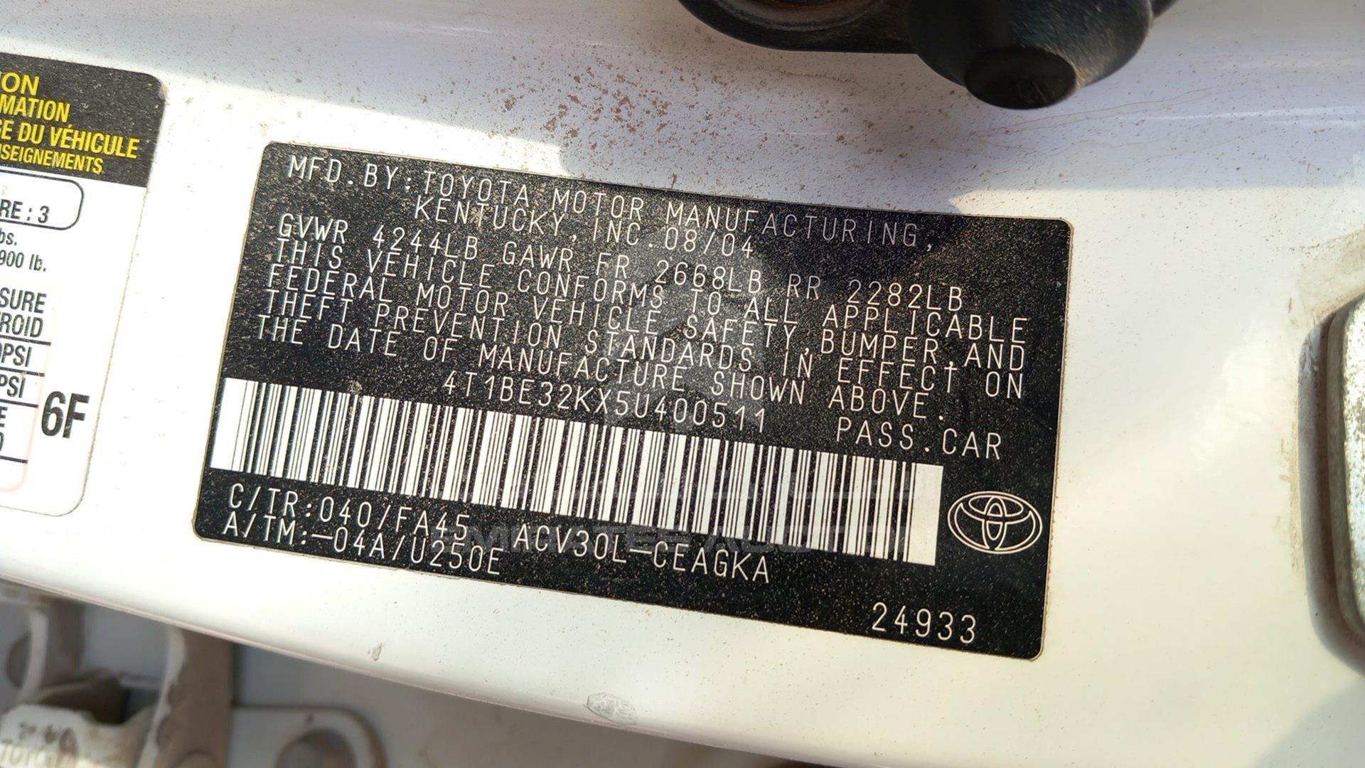 2005 TOYOTA CAMRY VIN: 4T1BE32KX5U400511