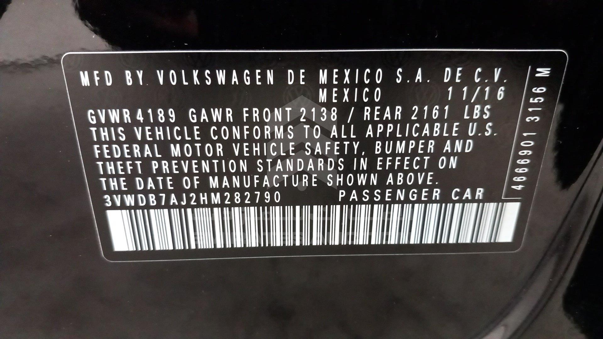 2017 VOLKSWAGEN JETTA VIN: 3VWDB7AJ2HM282790
