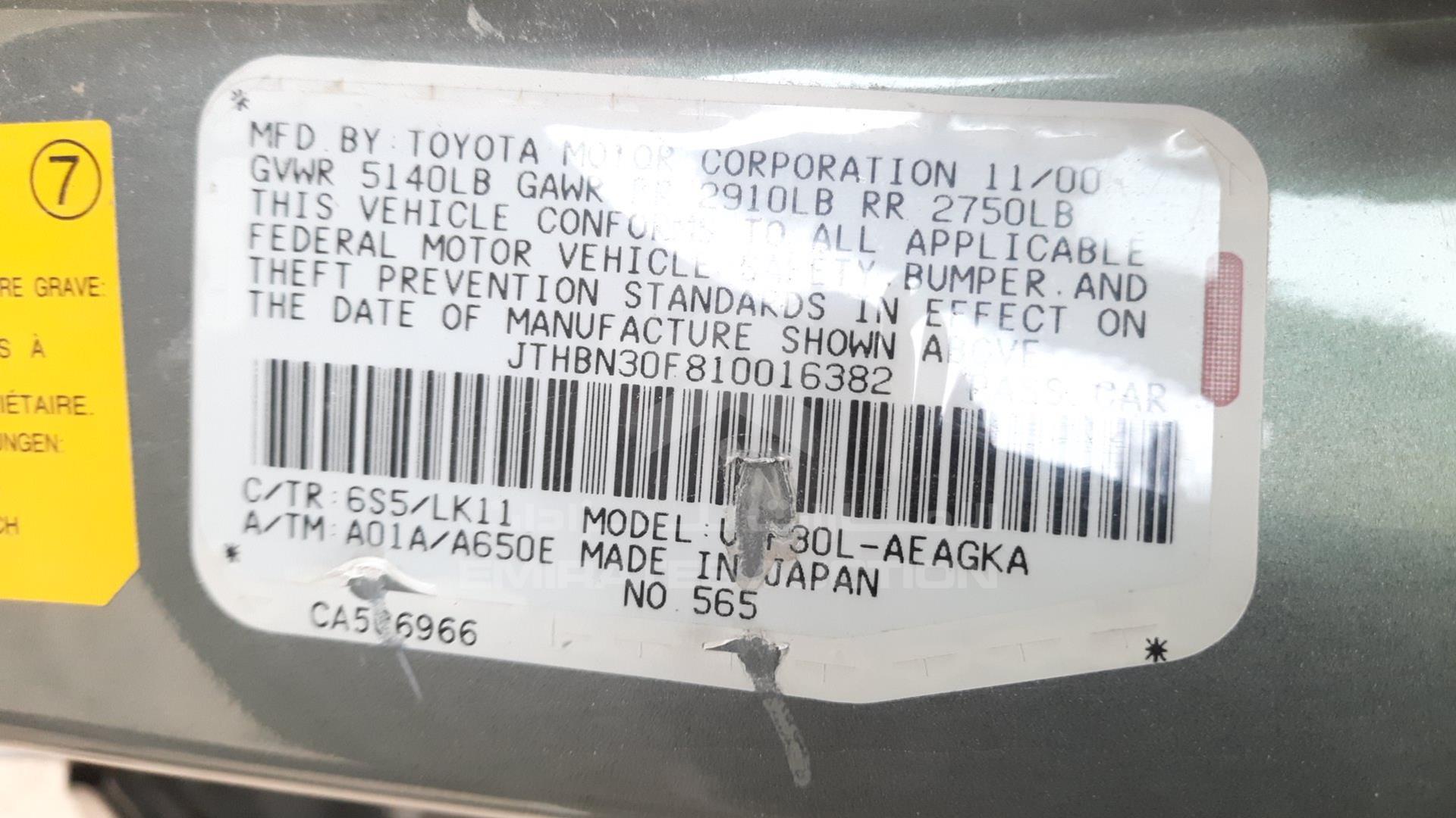 2001 LEXUS LS 430 VIN: JTHBN30F810016382