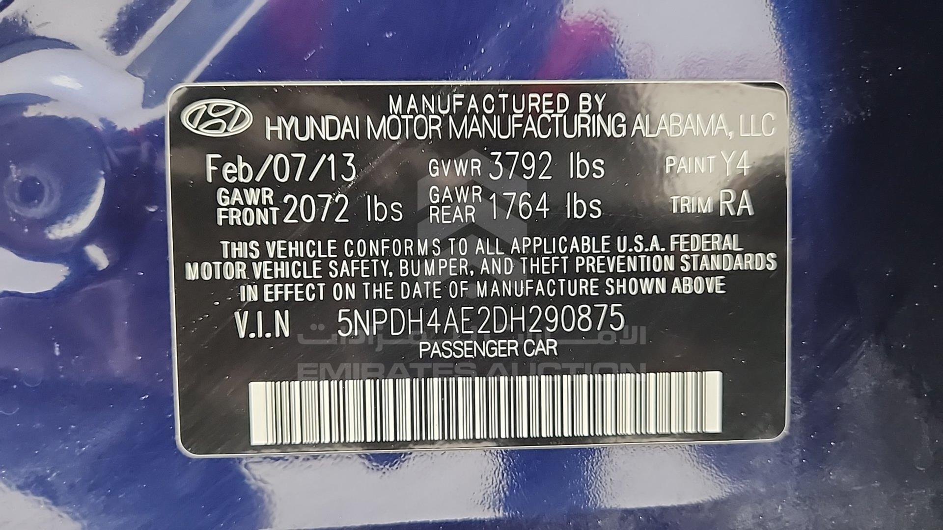 2013 HYUNDAI ELANTRA VIN: 5NPDH4AE2DH290875