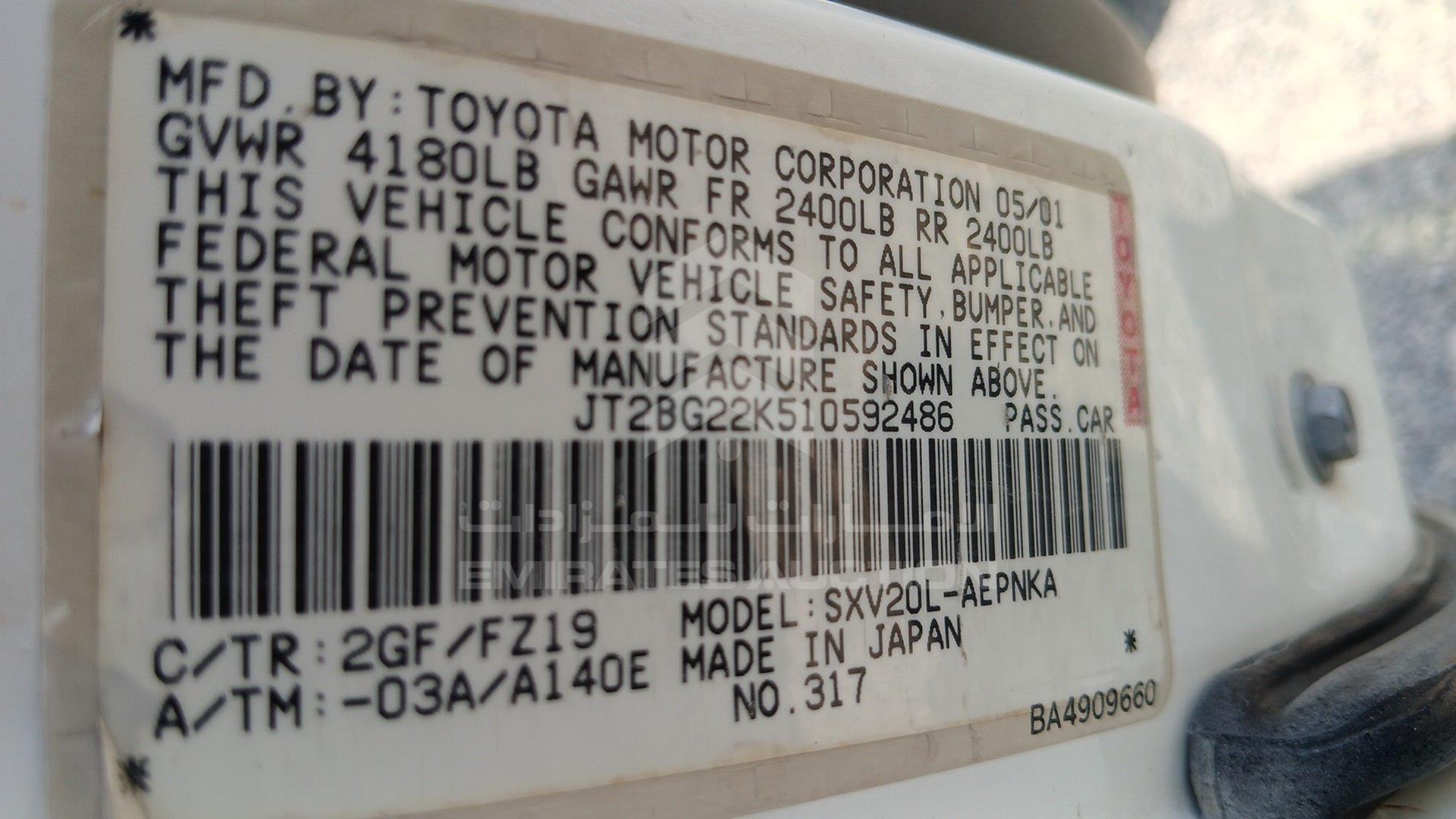 2001 TOYOTA CAMRY VIN: JT2BG22K510592486