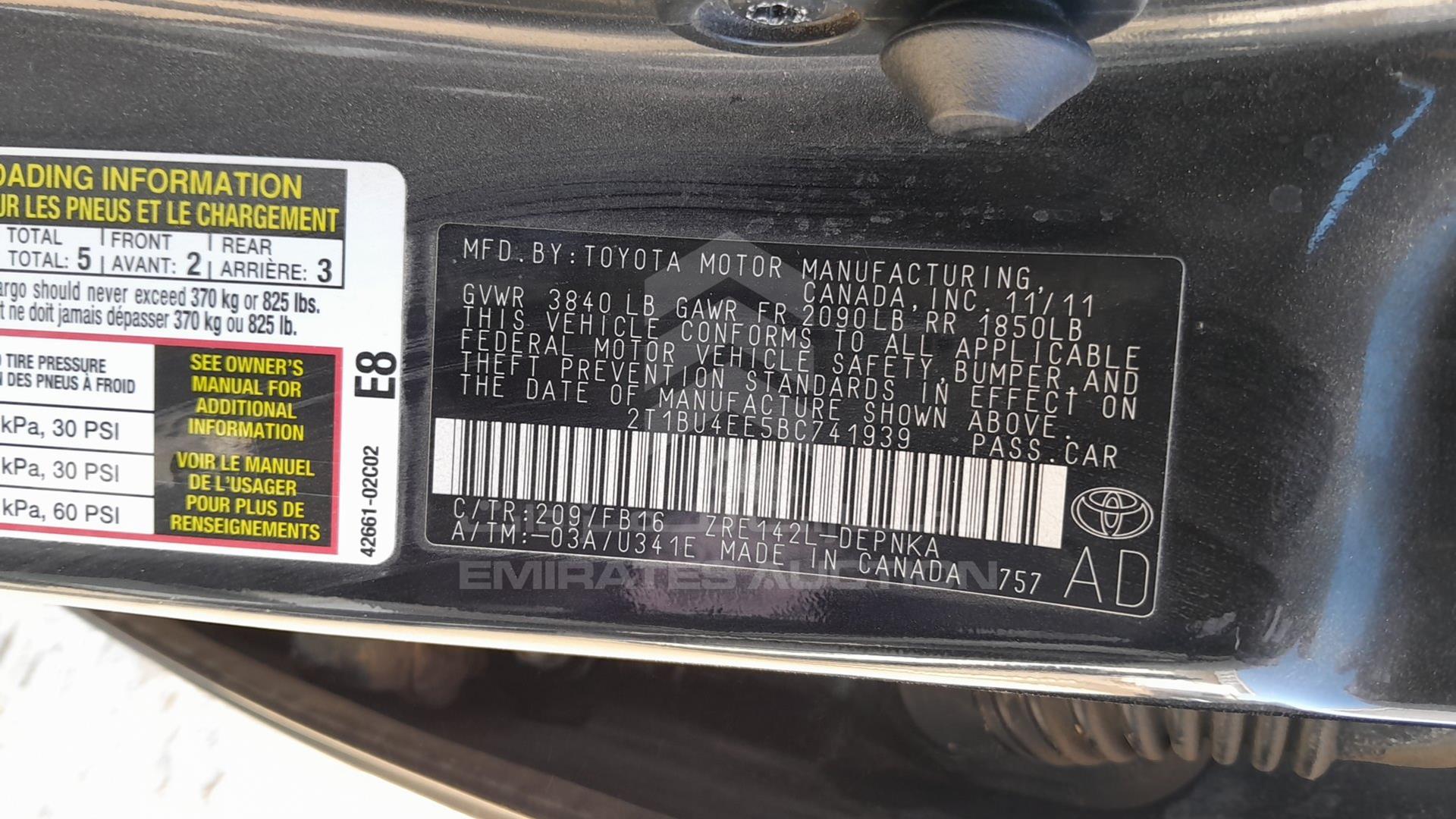 2011 TOYOTA COROLLA VIN: 2T1BU4EE5BC741939