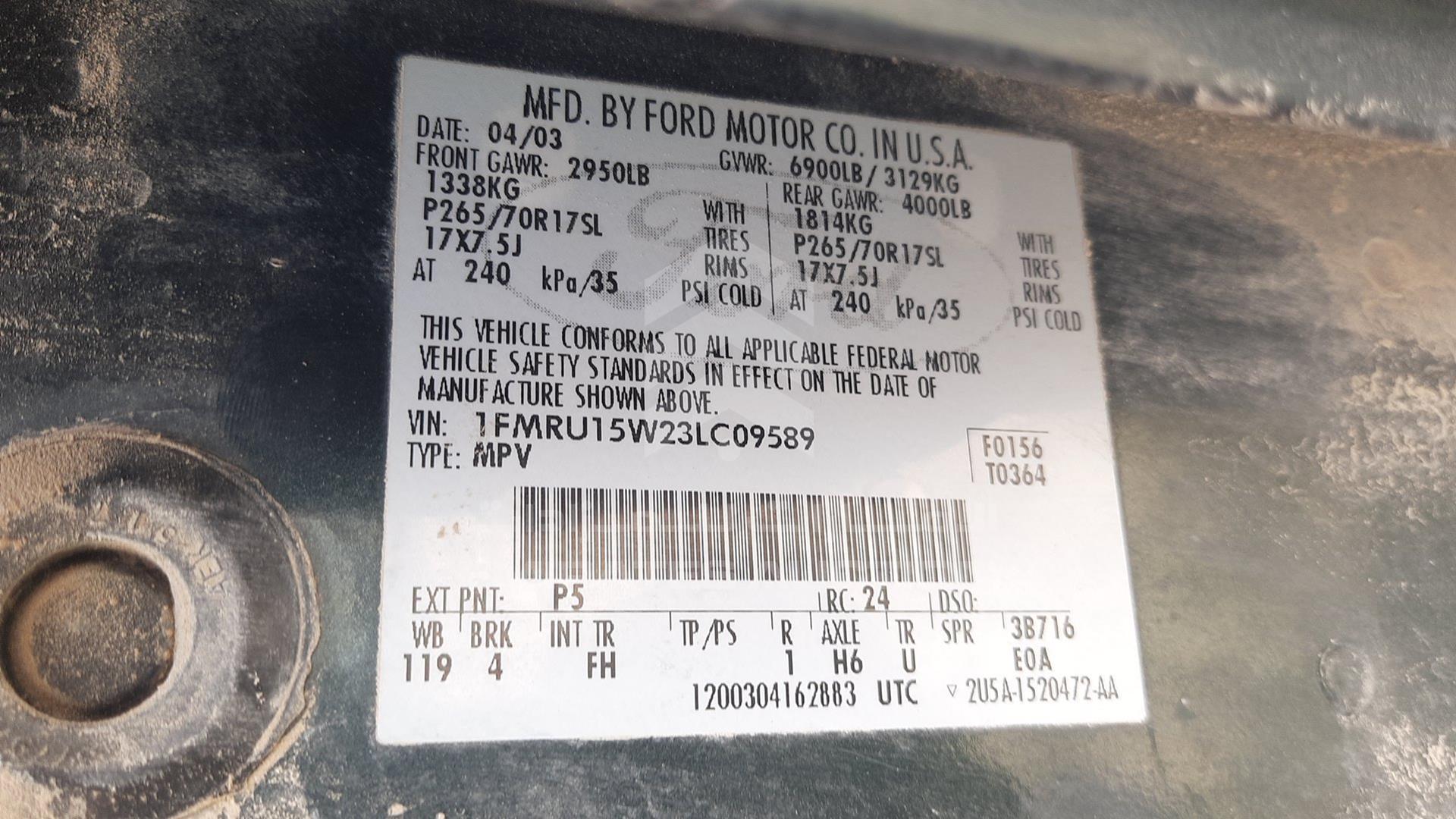2003 FORD EXPEDITION VIN: 1FMRU15W23LC09589