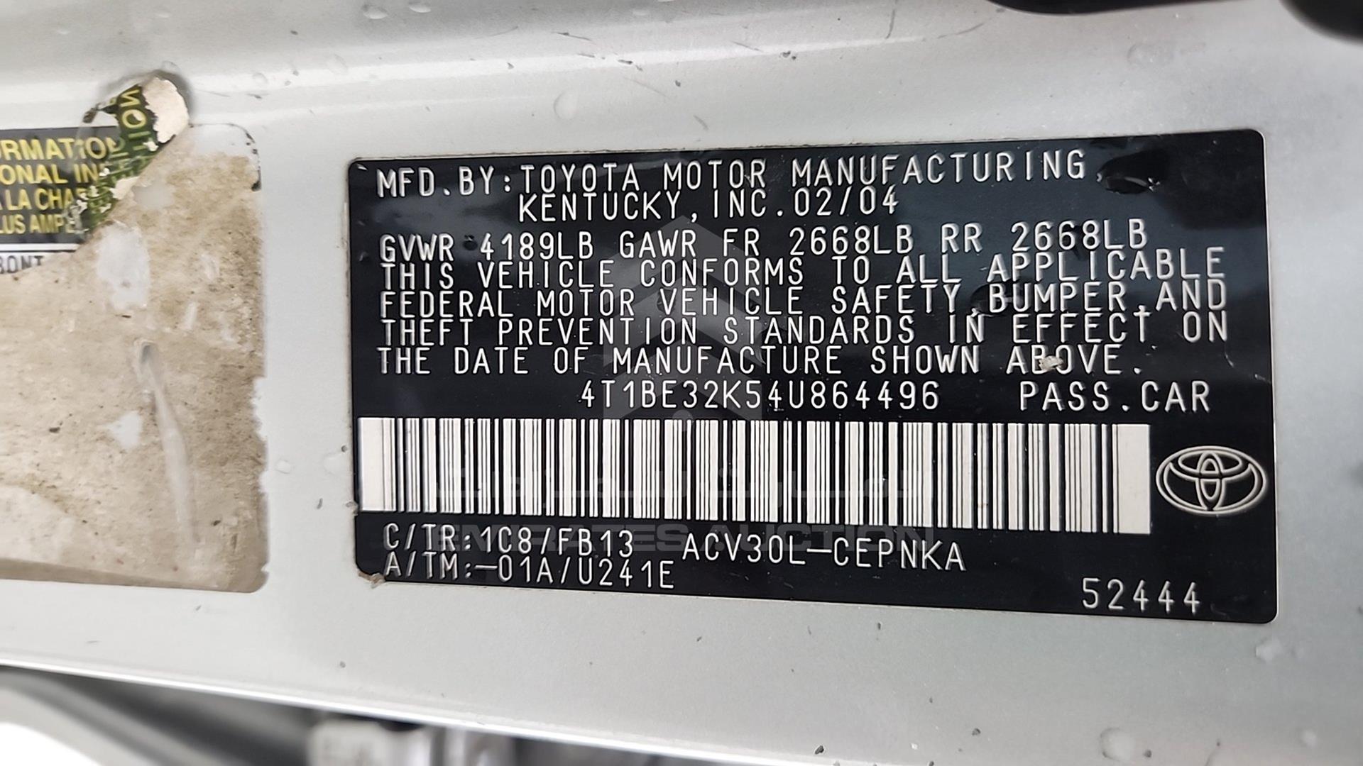 2004 TOYOTA CAMRY VIN: 4T1BE32K54U864496