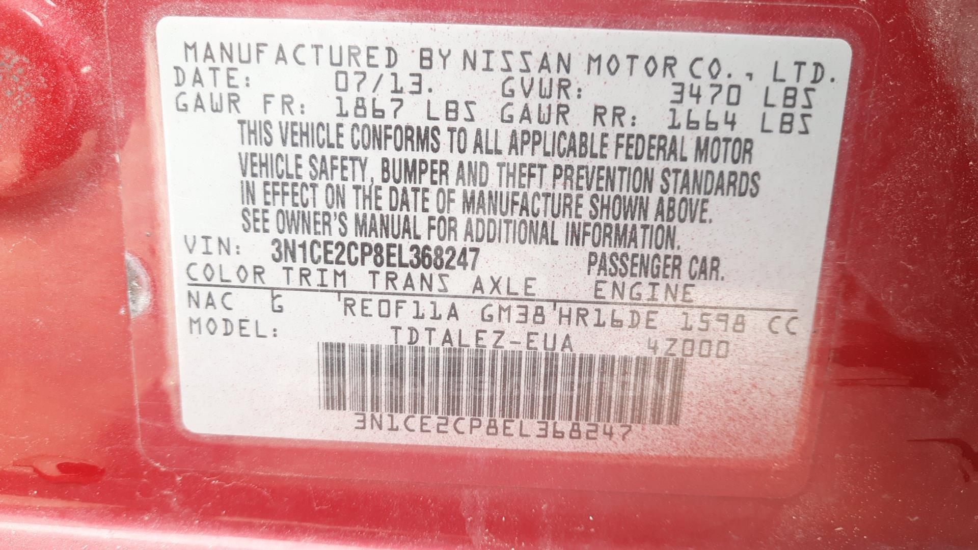 2014 NISSAN VERSA VIN: 3N1CE2CP8EL368247