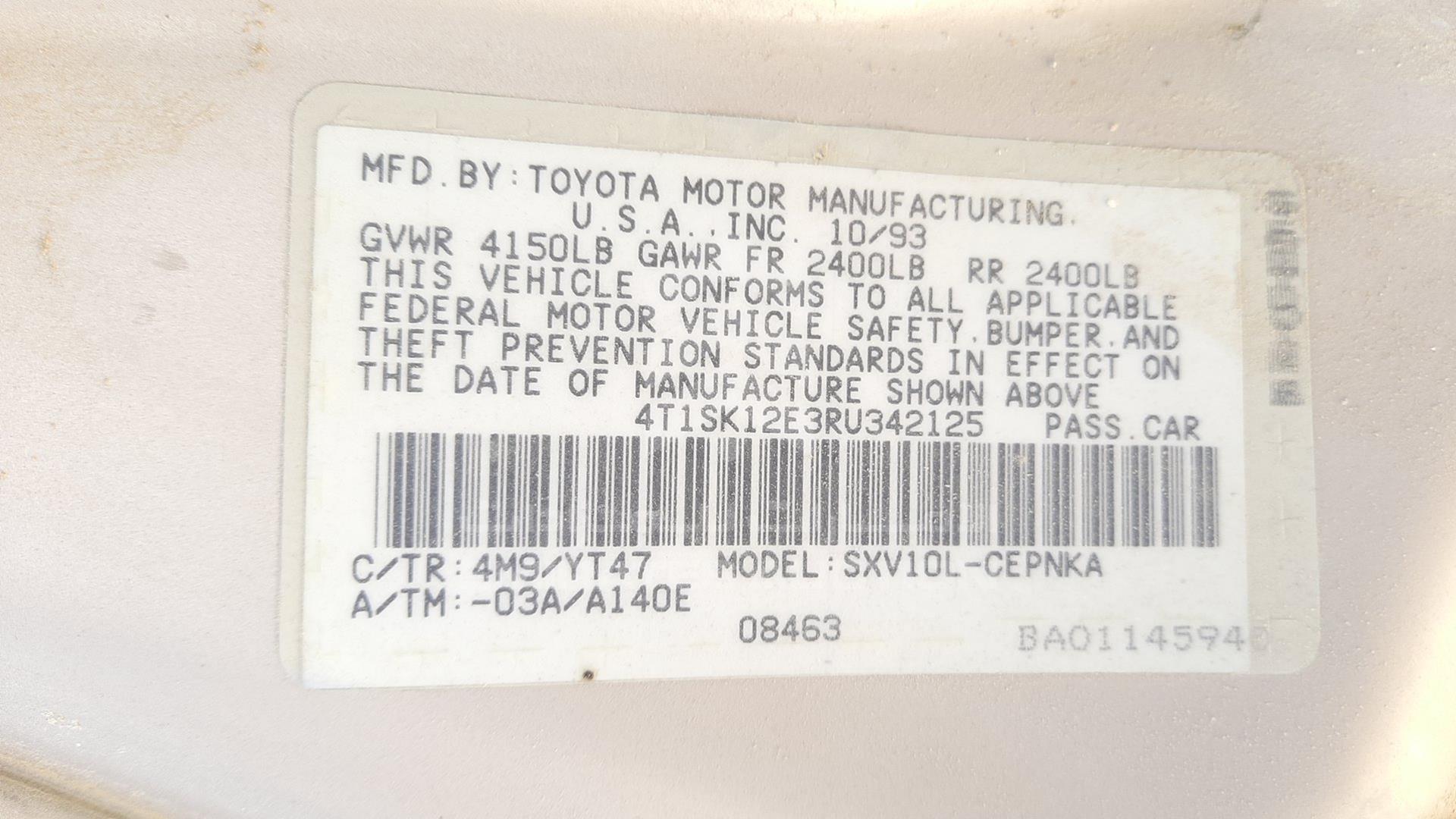 0 TOYOTA CAMRY VIN: 4T1SK12E3RU342125