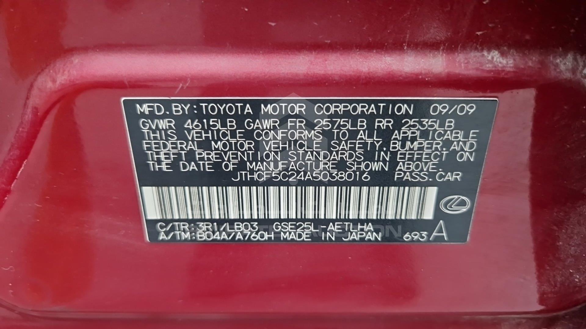 2010 LEXUS IS 250 VIN: JTHCF5C24A5038016