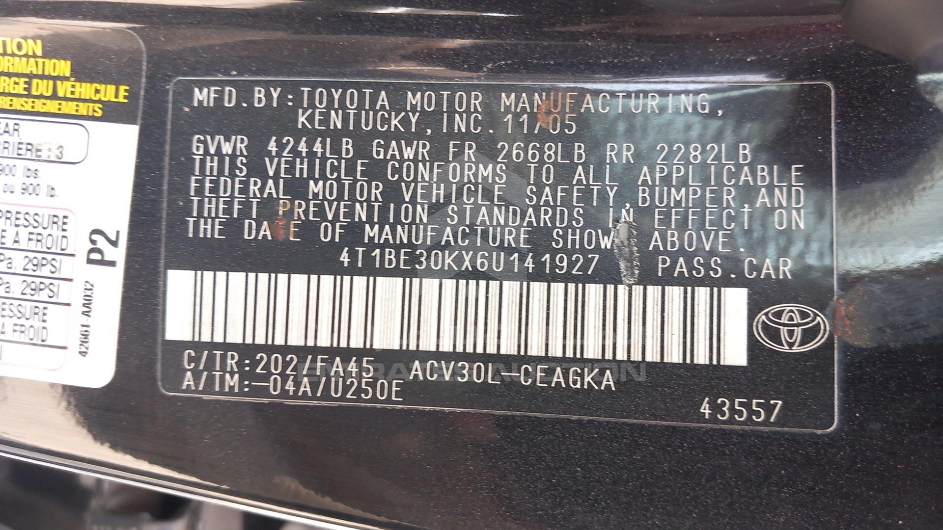 2006 TOYOTA CAMRY VIN: 4T1BE30KX6U141927