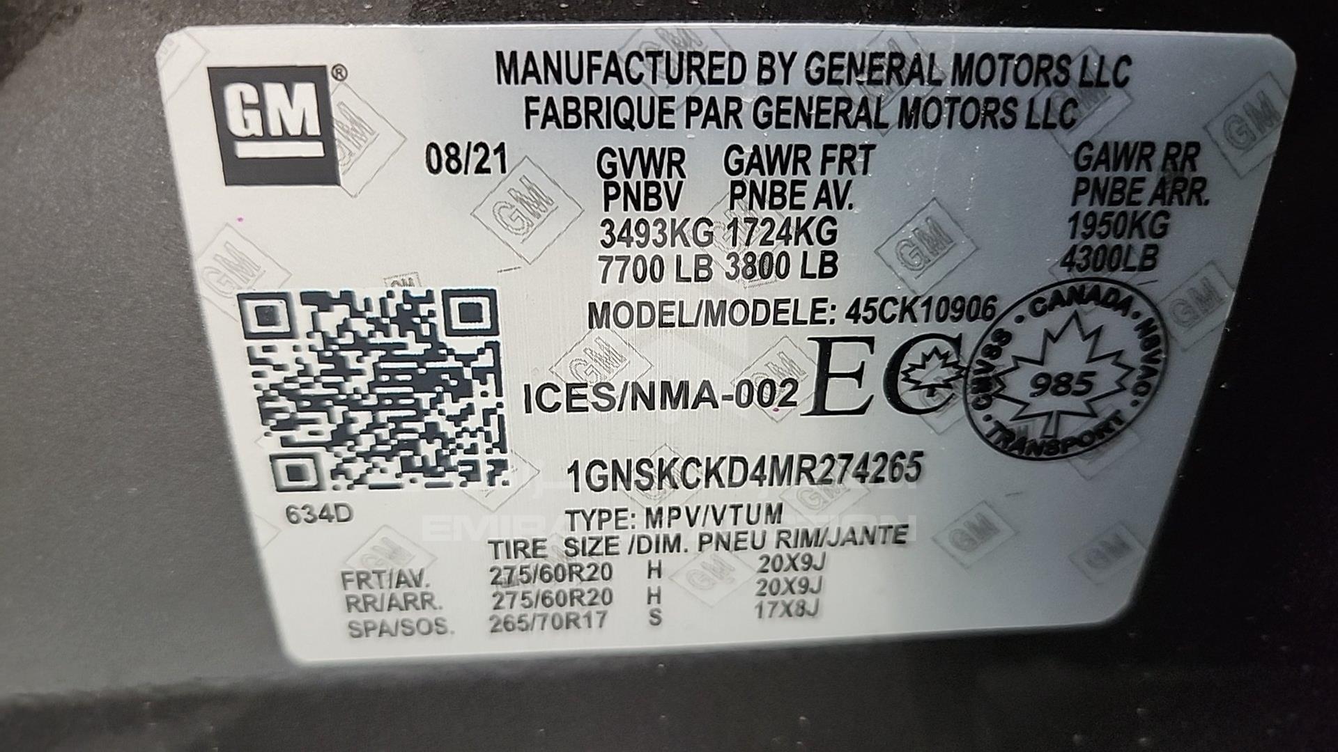 2022 CHEVROLET SUBURBAN VIN: 1GNSKCKD4MR274265