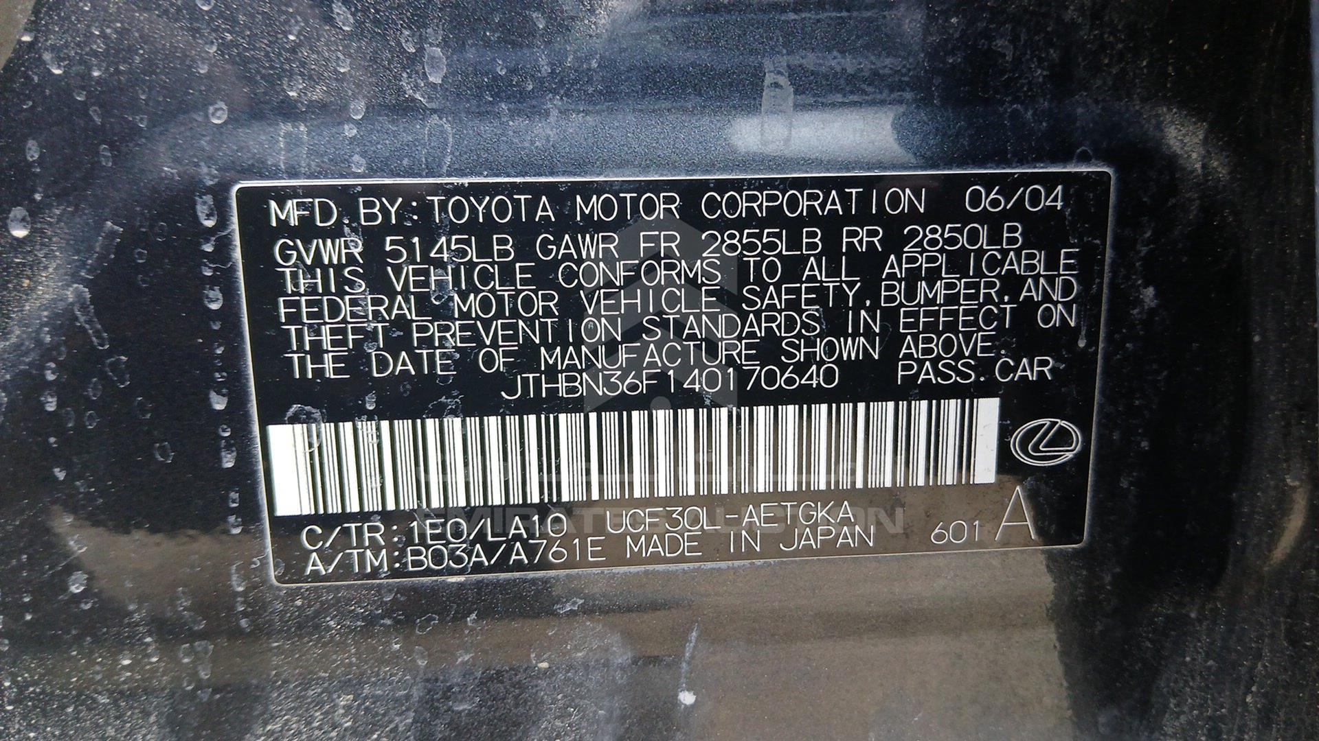 2004 LEXUS LS 430 VIN: JTHBN36F140170640