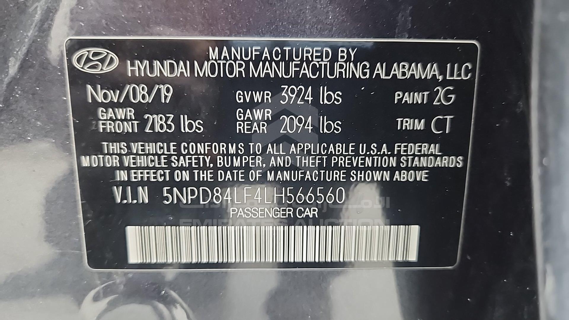 2020 HYUNDAI ELANTRA VIN: 5NPD84LF4LH566560