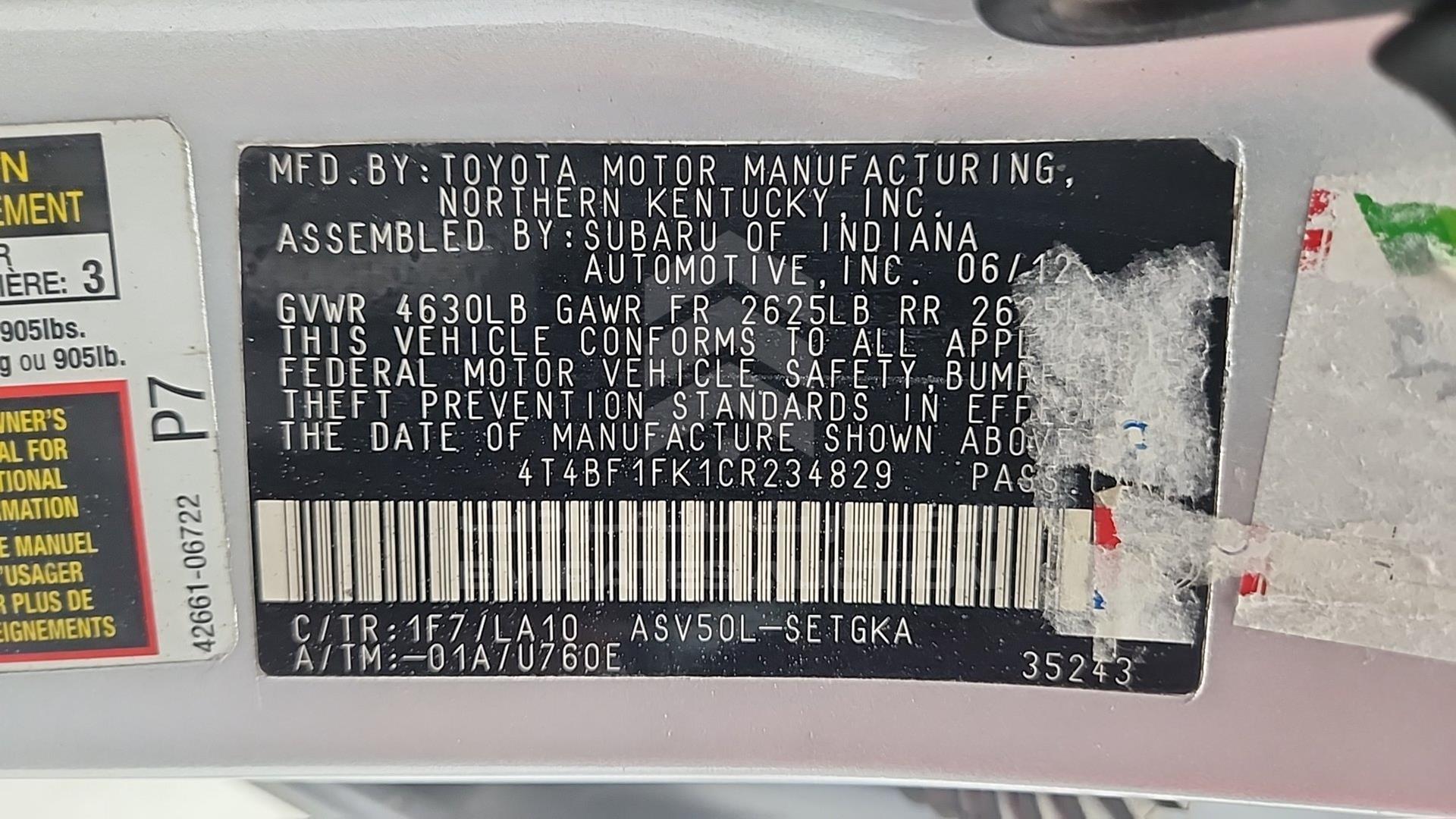 2012 TOYOTA CAMRY VIN: 4T4BF1FK1CR234829