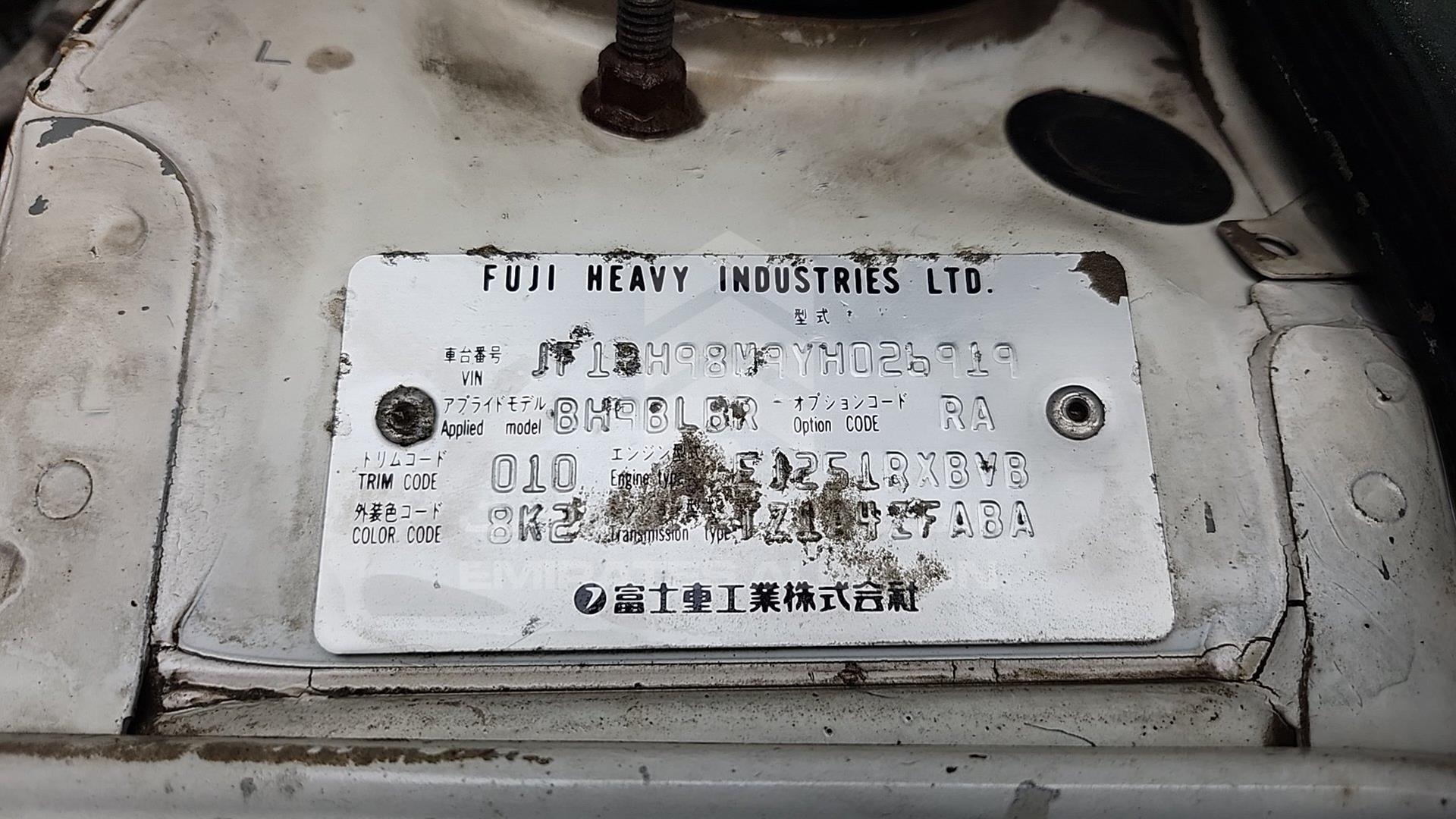 2000 SUBARU LEGACY VIN: JF1BH98M9YH026919