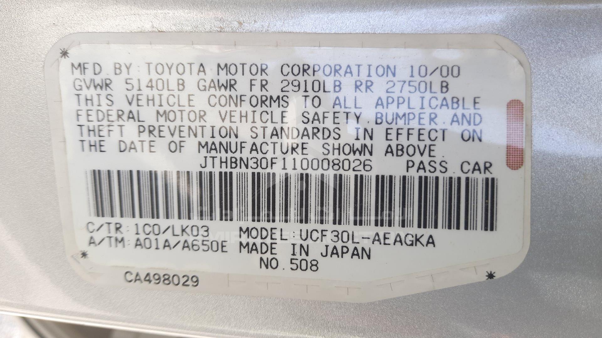 2001 LEXUS LS 430 VIN: JTHBN30F110008026