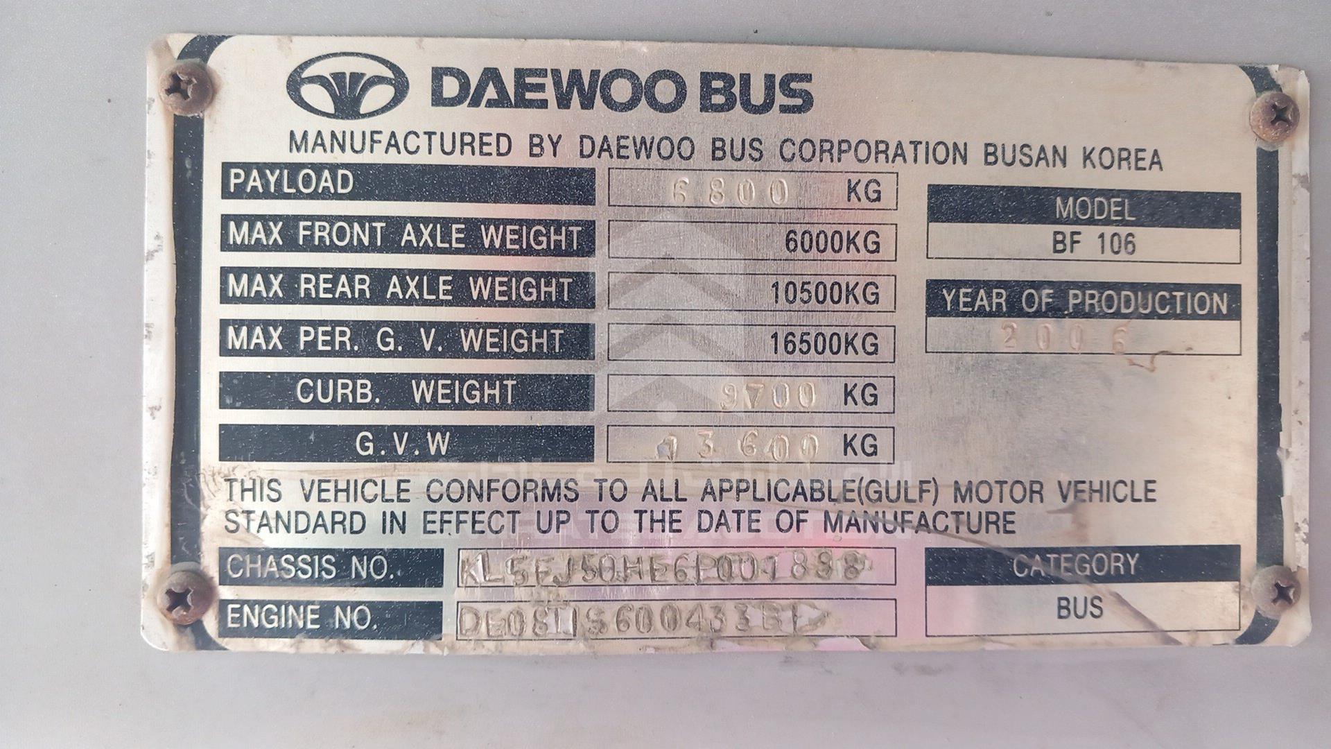 2006 DAEWOO BF106 VIN: KL5FJ50HE6P001898
