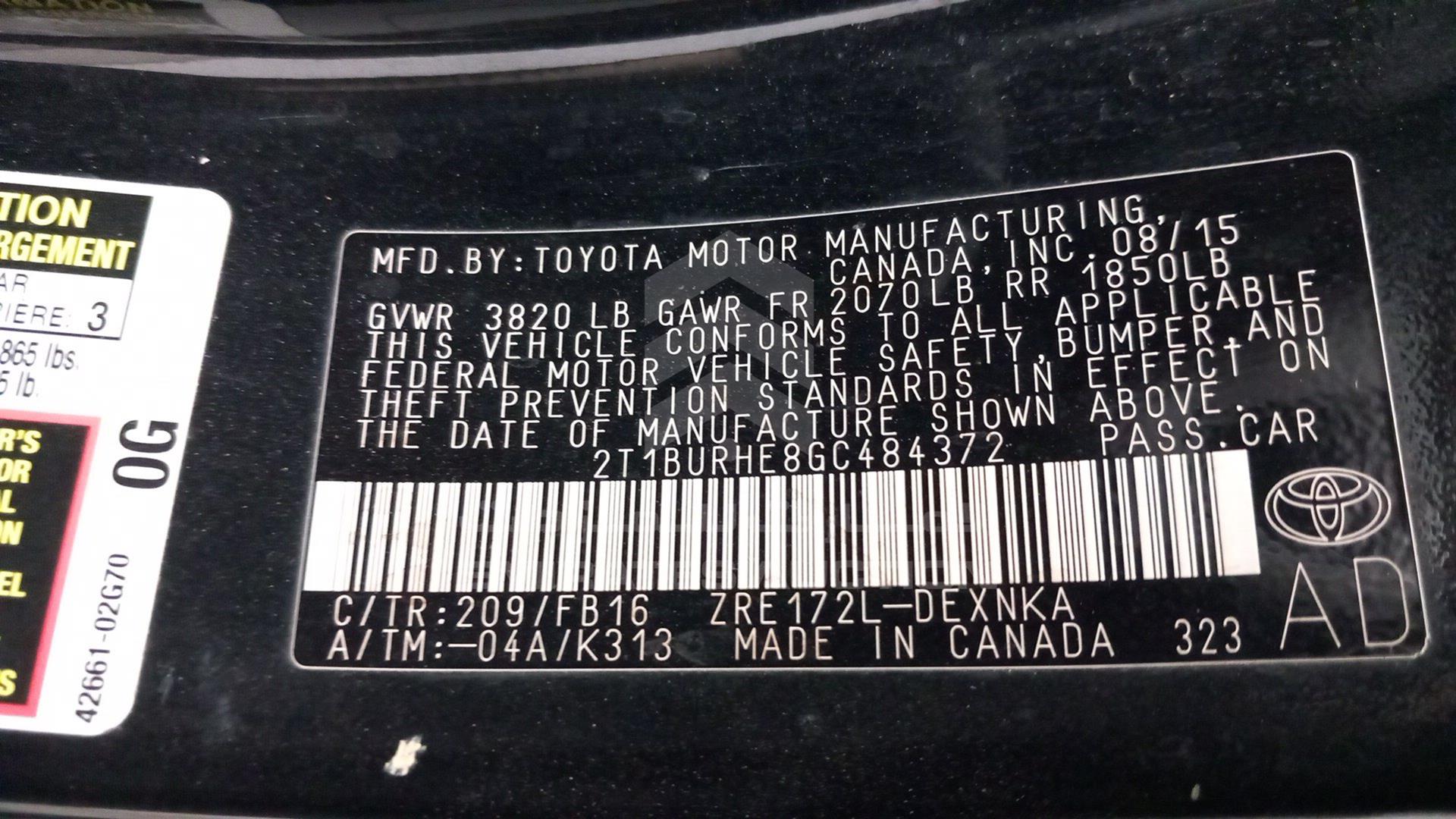 2016 TOYOTA COROLLA VIN: 2T1BURHE8GC484372