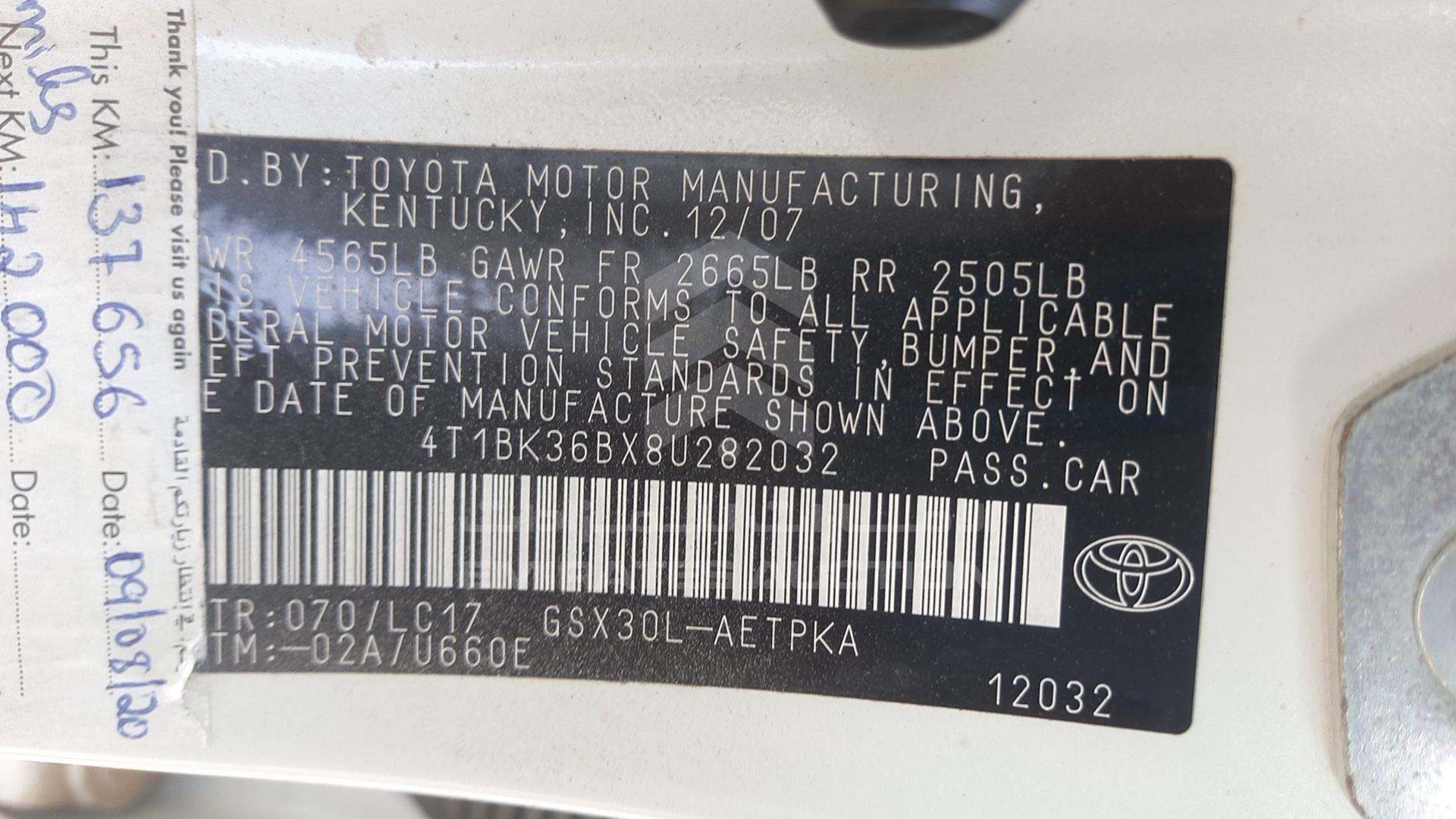 2008 TOYOTA AVALON VIN: 4T1BK36BX8U282032